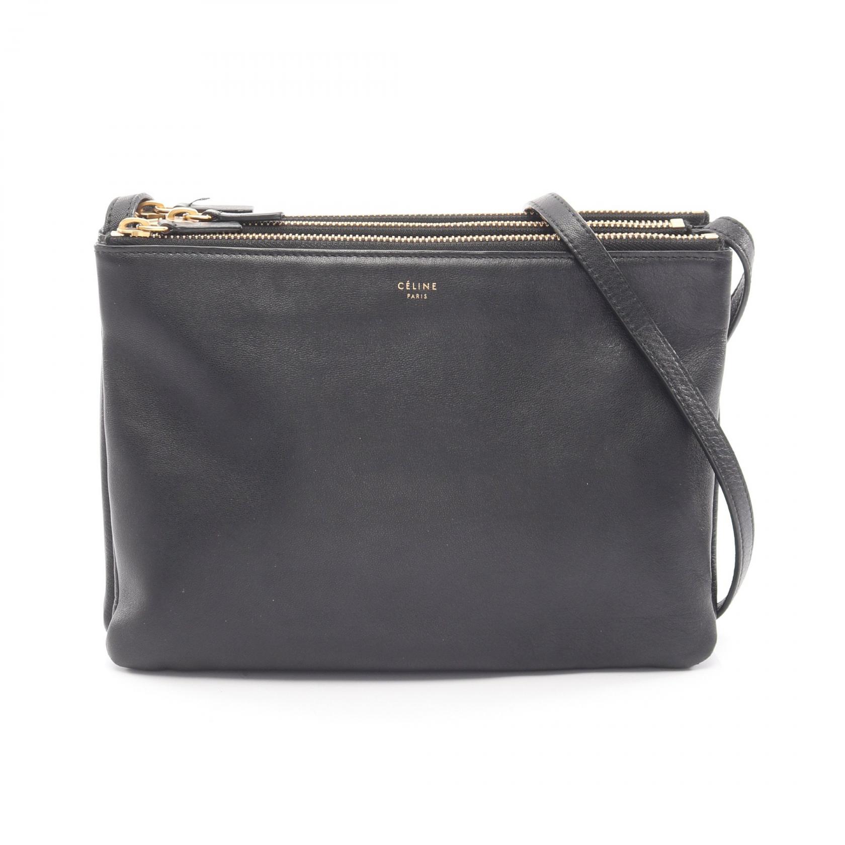 ≪5％OFFクーポン対象＆まとめ買い10%OFF≫セリーヌ CELINE TRIO LARGE トリオ ラージ ショルダーバッグ バッグ レザー レディース ブラック系 171453 【中古】