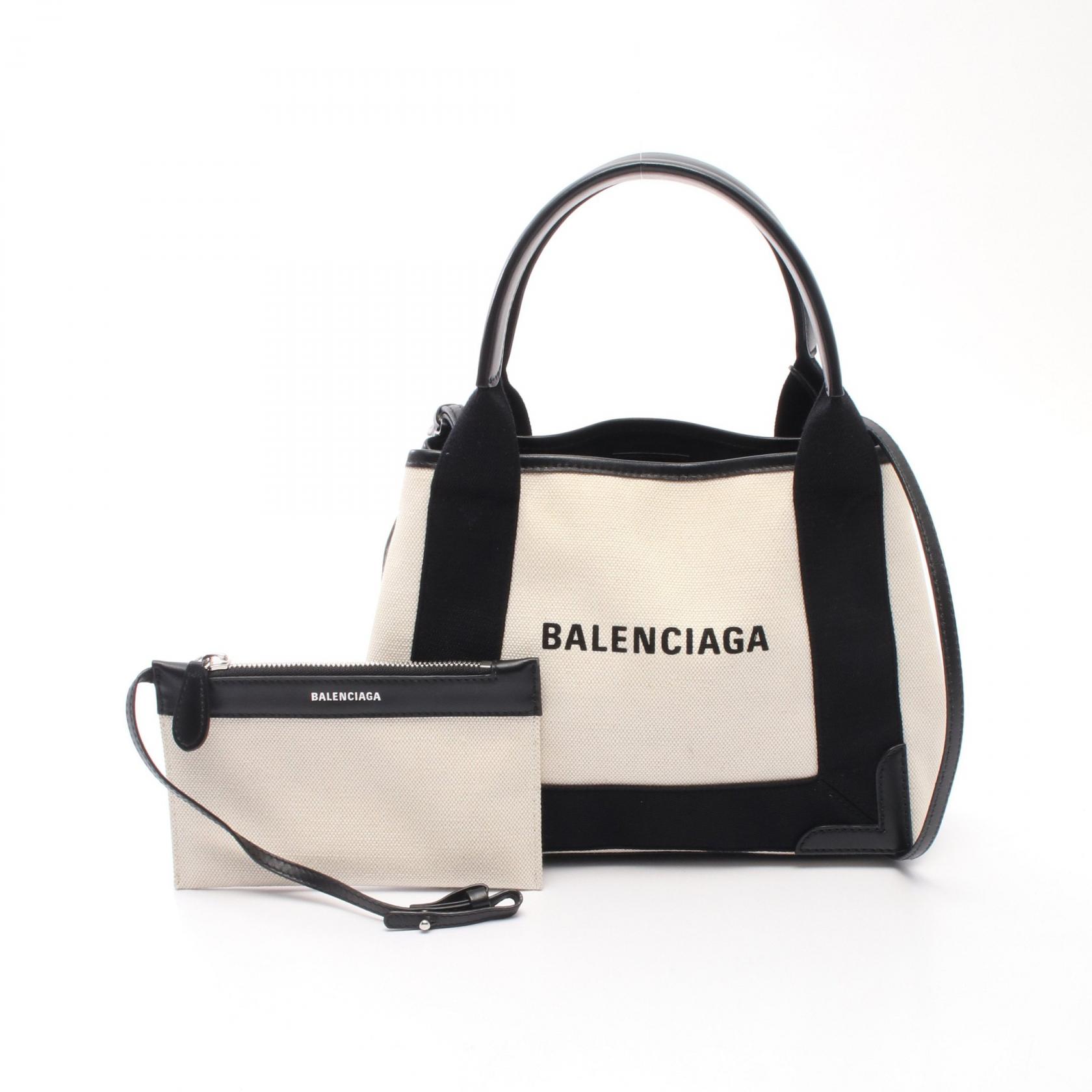 ≪5％OFFクーポン対象＆まとめ買い10%OFF≫バレンシアガ BALENCIAGA ネイビーカバ XS 2WAY ハンドバッグ バッグ キャンバス レザー レディース アイボリー系 / ブラック系 390346 【中古】