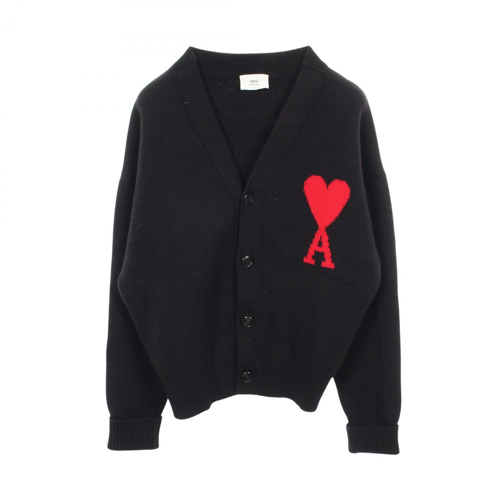 アミ AMI ハートロゴ カーディガン 衣料品 トップス ウール メンズ レディース ブラック系 / レッド系 【中古】｜BRANDOFF TOKYO