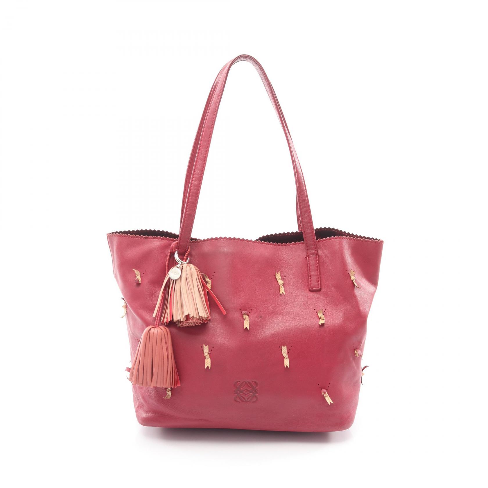 ≪5％OFFクーポン対象＆まとめ買い10%OFF≫ロエベ LOEWE アナグラム リボンモチーフ ナッパレザー リミテッド トート トートバッグ バッグ レザー レディース ボルドー系 / ピンク系 【中古】