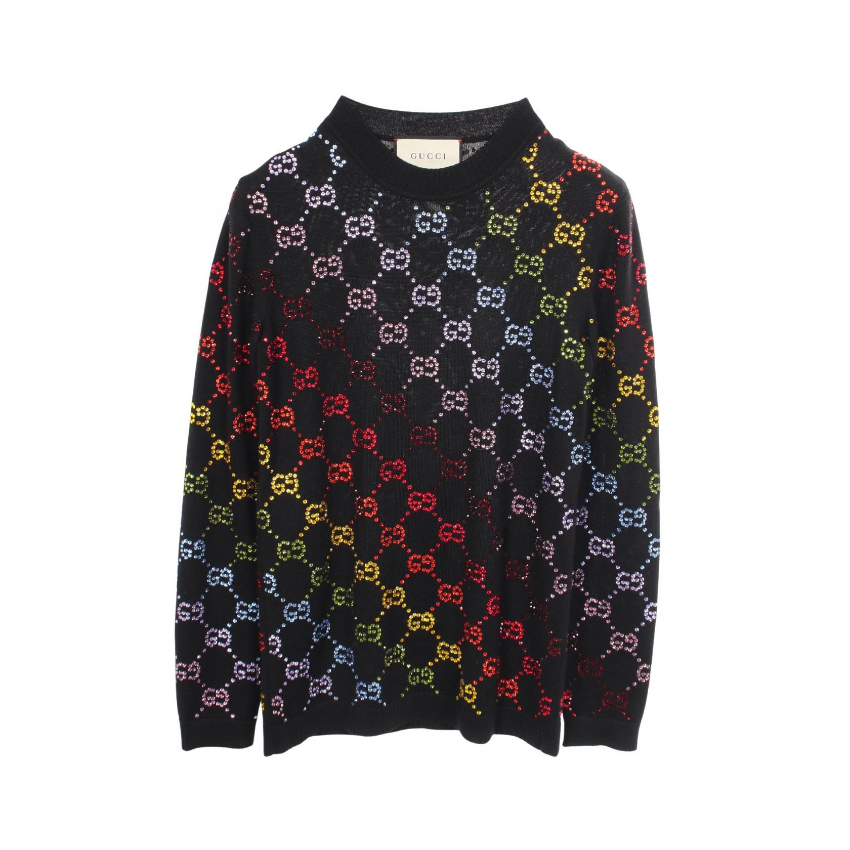 【2千円OFFクーポン対象】グッチ GUCCI GG柄 ラインストーン クルーネック ニット 衣料品 トップス ウール レディース ブラック系 / マルチカラー 【中古】