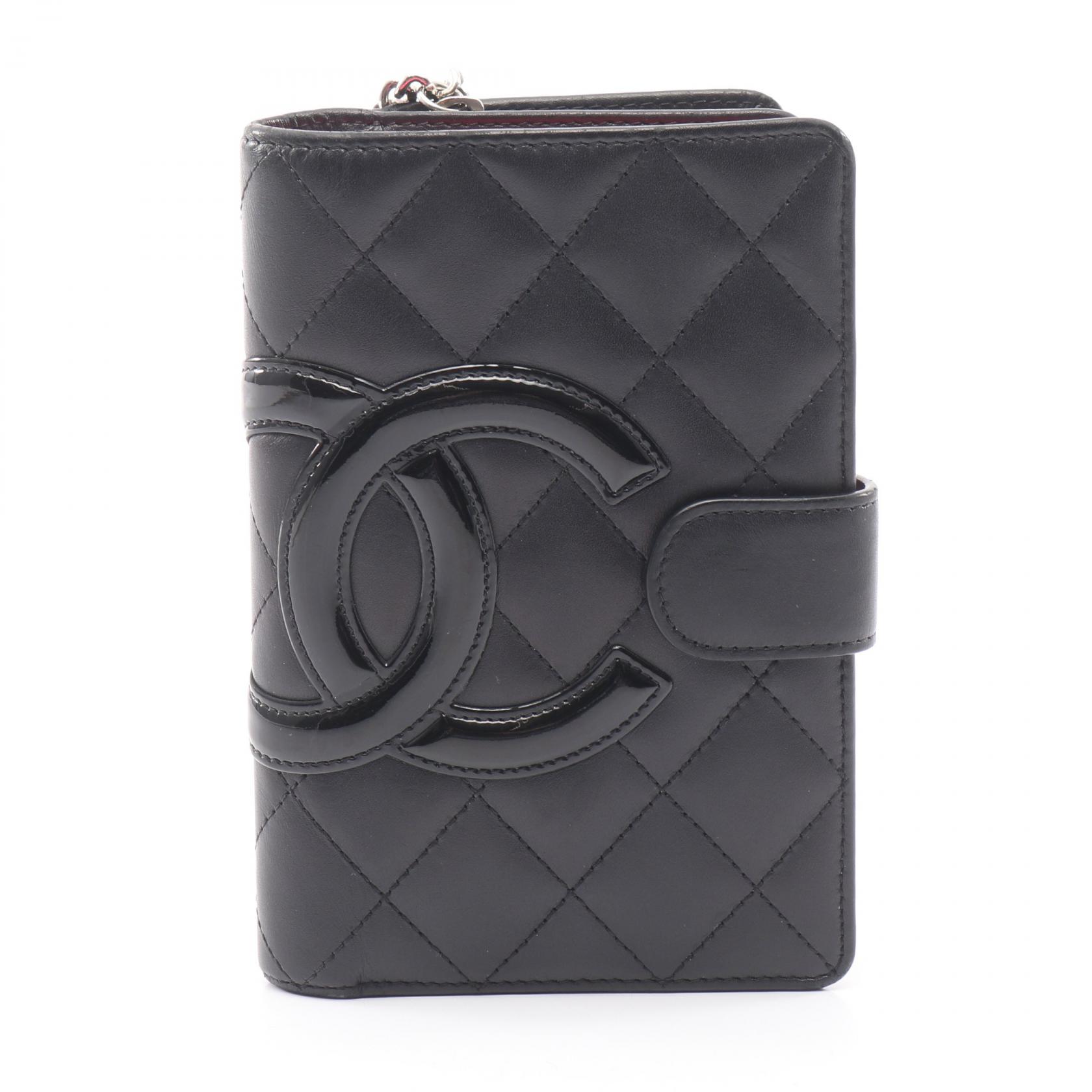 シャネル CHANEL カンボンライン 二つ折り財布 財布 レザー パテントレザー レディース ブラック系 【中古】