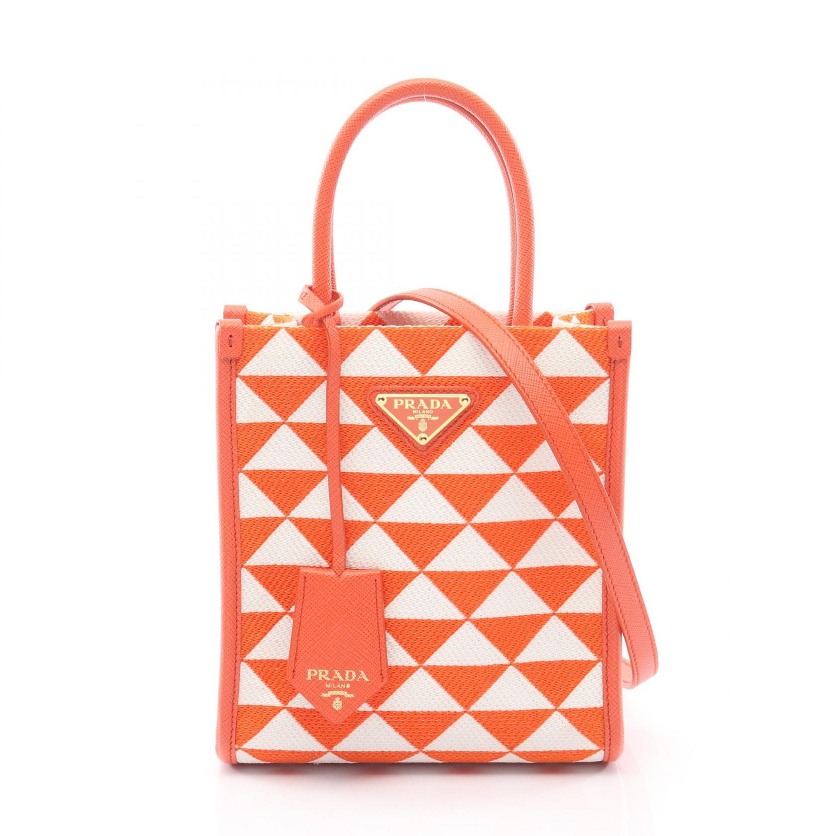 ≪5%OFFクーポン＆まとめ買い10% ～7/26 9:59〆≫プラダ PRADA TRIANGOLO JACQUARD シンボル エンブロイダリー ミニ 2WAY ハンドバッグ バッグ キャンバス サフィアーノレザー レディース オレンジ系 / ホワイト系 1BA355 【中古】｜BRANDOFF TOKYO