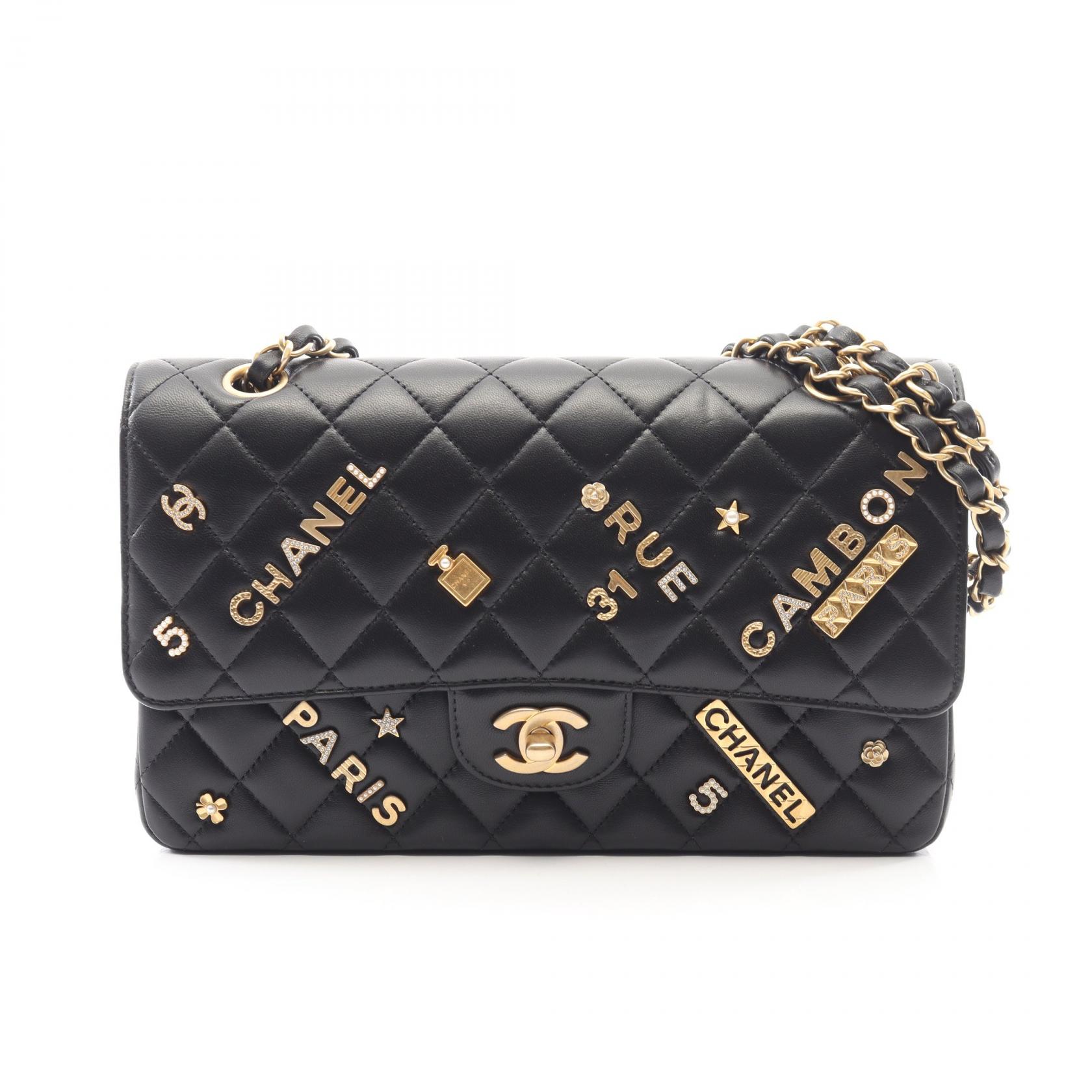 シャネル CHANEL マトラッセ Wフラップ アイコンチャーム ショルダーバッグ バッグ ラムスキン（羊革） レディース ブラック系 A01112 【中古】
