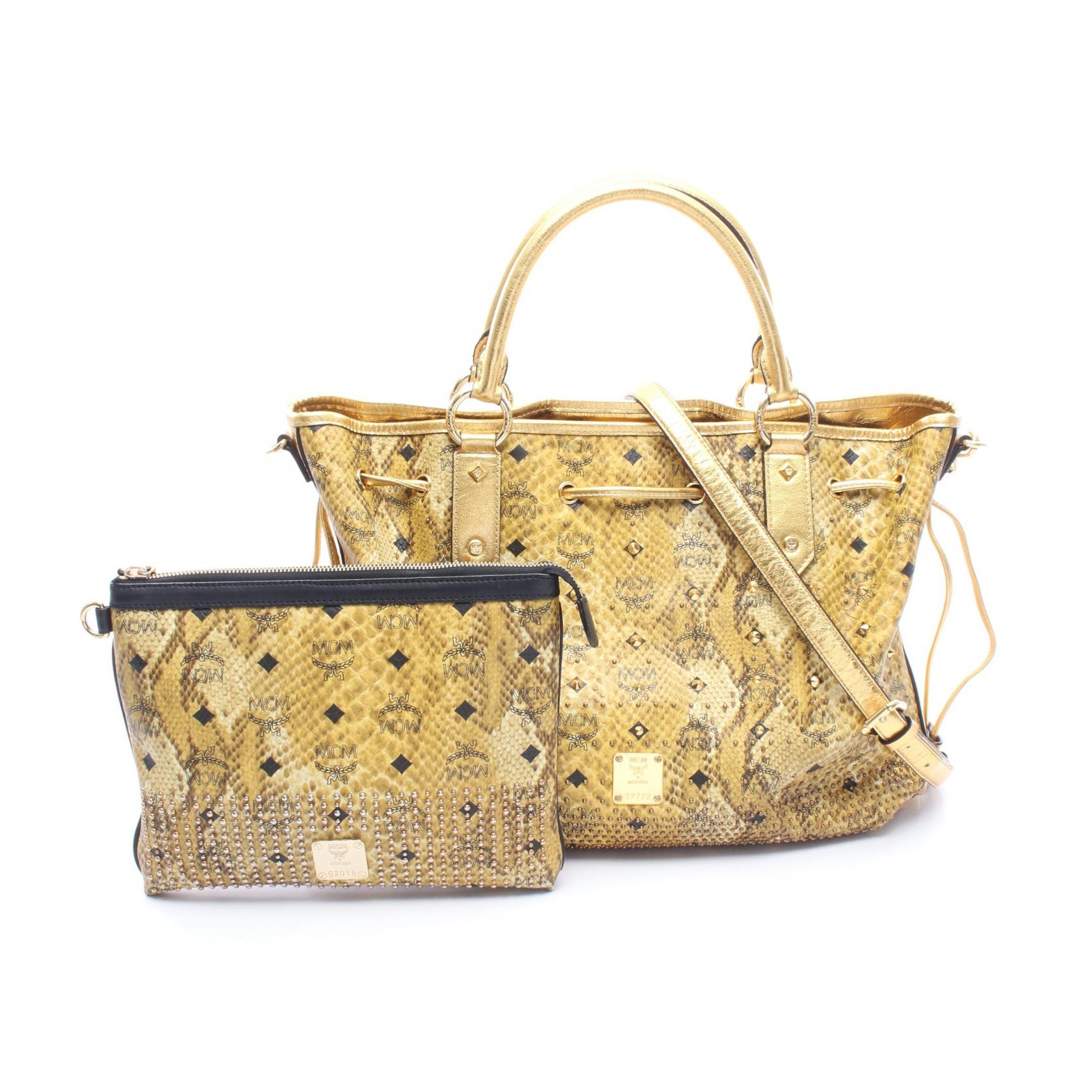 ≪5%OFFクーポン&まとめ買い10% ~7/26 9:59〆≫エム・シー・エム MCM ヴィセトス スタッズ パイソン型押し 2WAY トートバッグ バッグ PVCコーティングキャンバス レザー レディース ブラウン系 / ゴールド系 / マルチカラー MWD35VG02YW001 【中古】|BRANDOFF TOKYO