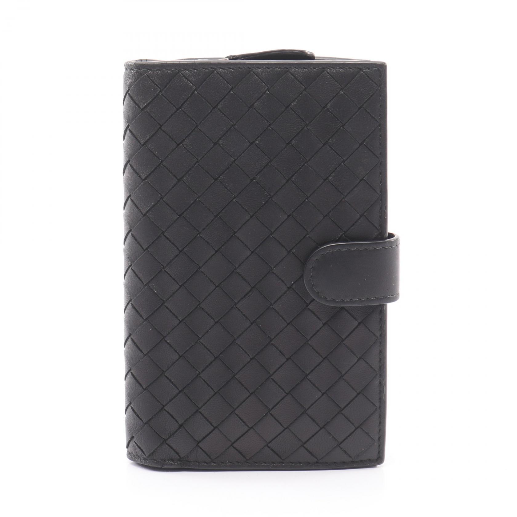 ≪5%OFFクーポン＆まとめ買い10% ～7/26 9:59〆≫ボッテガヴェネタ BOTTEGA VENETA イントレチャート 二つ折り財布 財布 レザー レディース ブラック系 【中古】｜BRANDOFF TOKYO