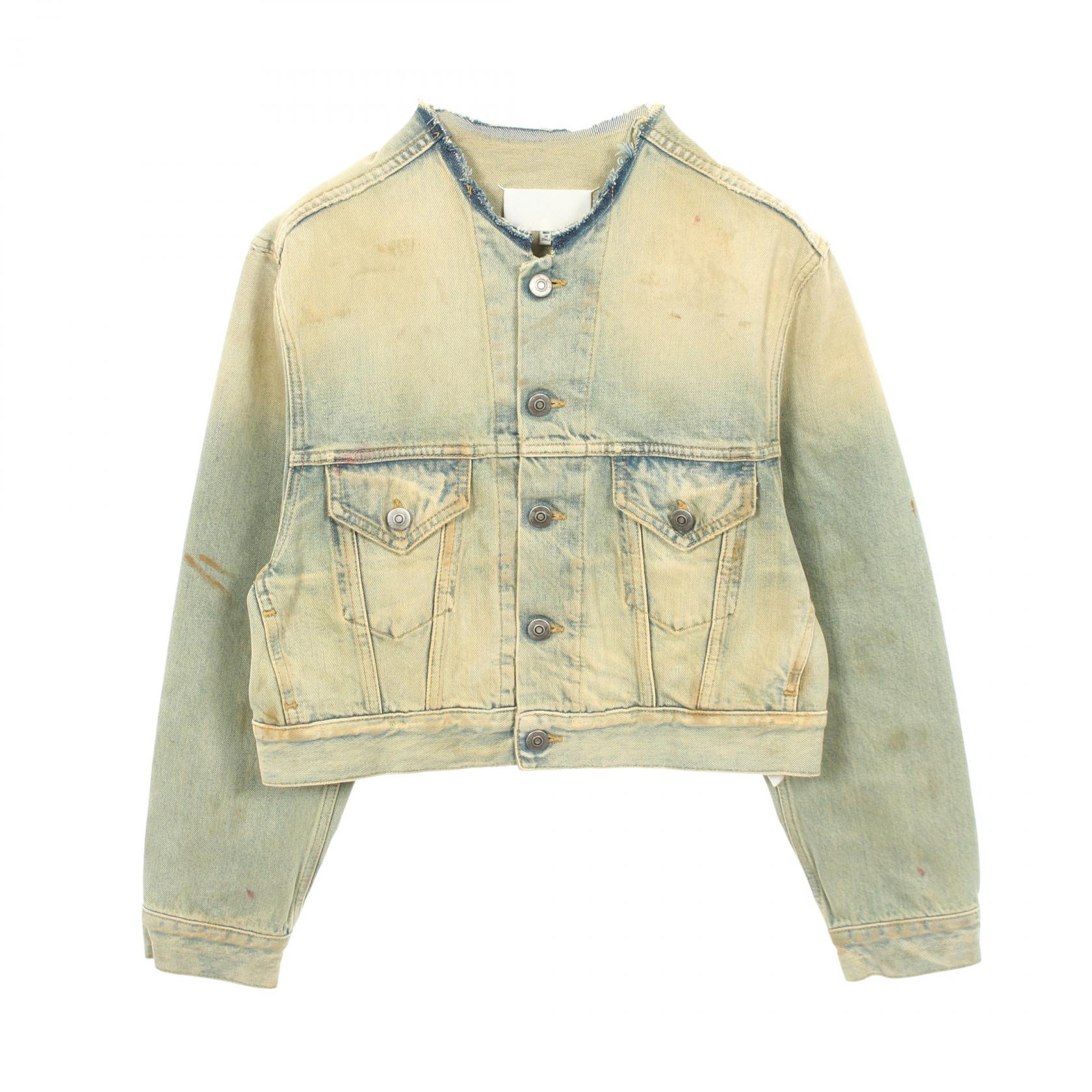≪5%OFFクーポン＆まとめ買い10% ～7/26 9:59〆≫メゾン マルジェラ Maison Margiela ダメージ加工 カットオフ クロップド デニムジャケット 衣料品 アウター コットン レディース ブルー系 / イエロー系 【中古】｜BRANDOFF TOKYO