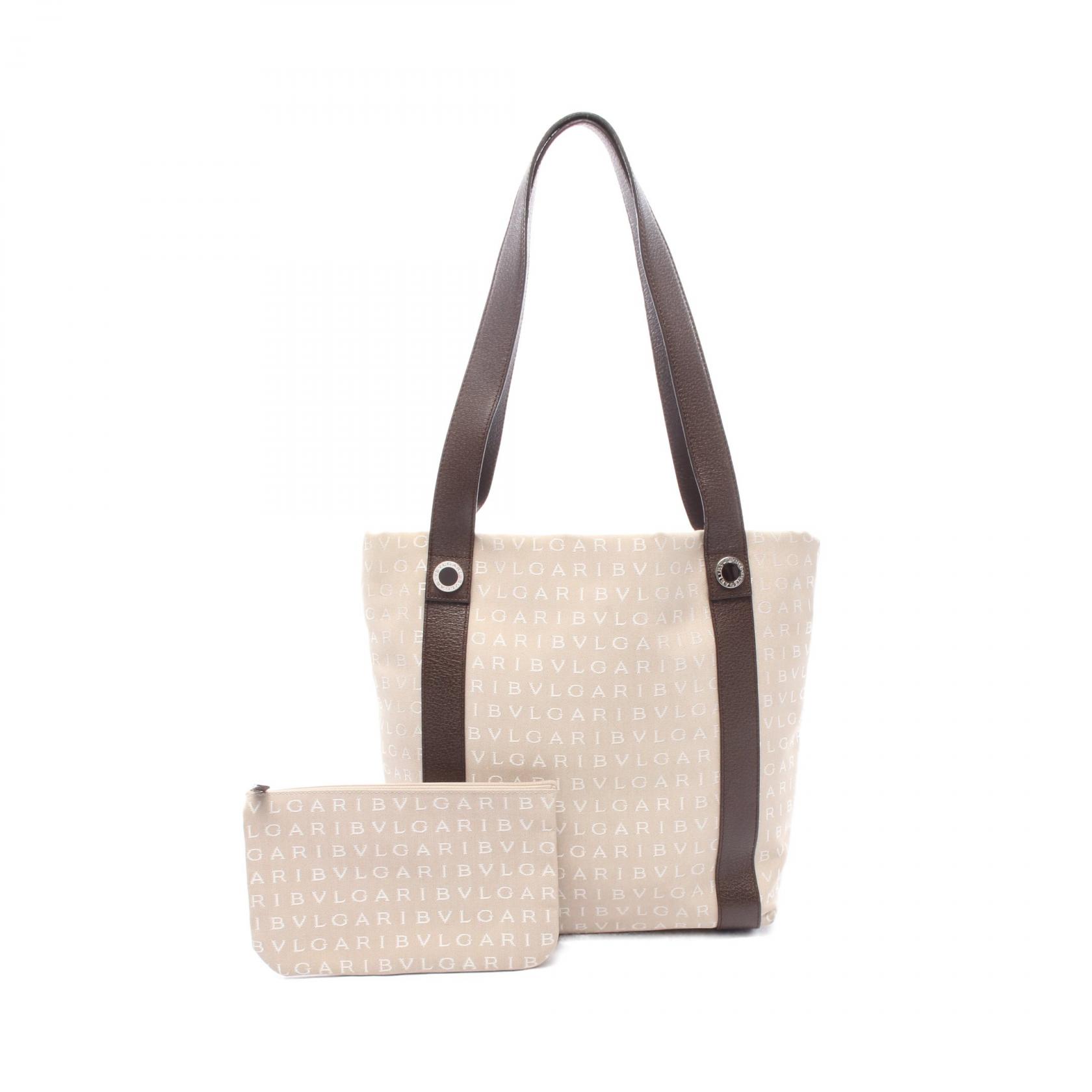 ≪5%OFFクーポン&まとめ買い10% ~7/26 9:59〆≫ブルガリ BVLGARI ロゴマニア トートバッグ トートバッグ バッグ キャンバス レザー レディース ベージュ系 / ブラウン系 【中古】|BRANDOFF TOKYO