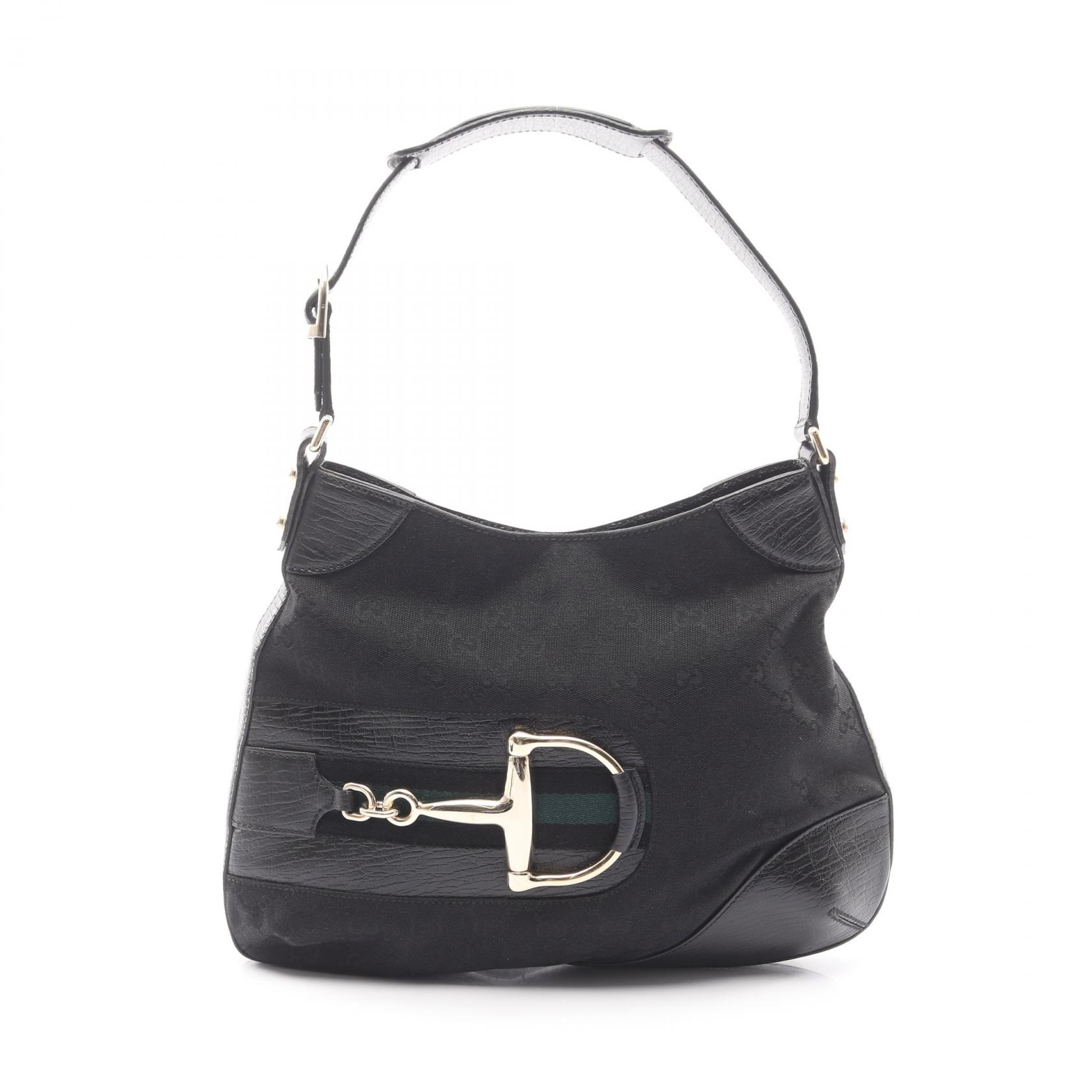 ≪5%OFFクーポン＆まとめ買い10% ～7/26 9:59〆≫グッチ GUCCI ハスラービット GGキャンバス ショルダーバッグ バッグ キャンバス レザー レディース ブラック系 137388 【中古】｜BRANDOFF TOKYO