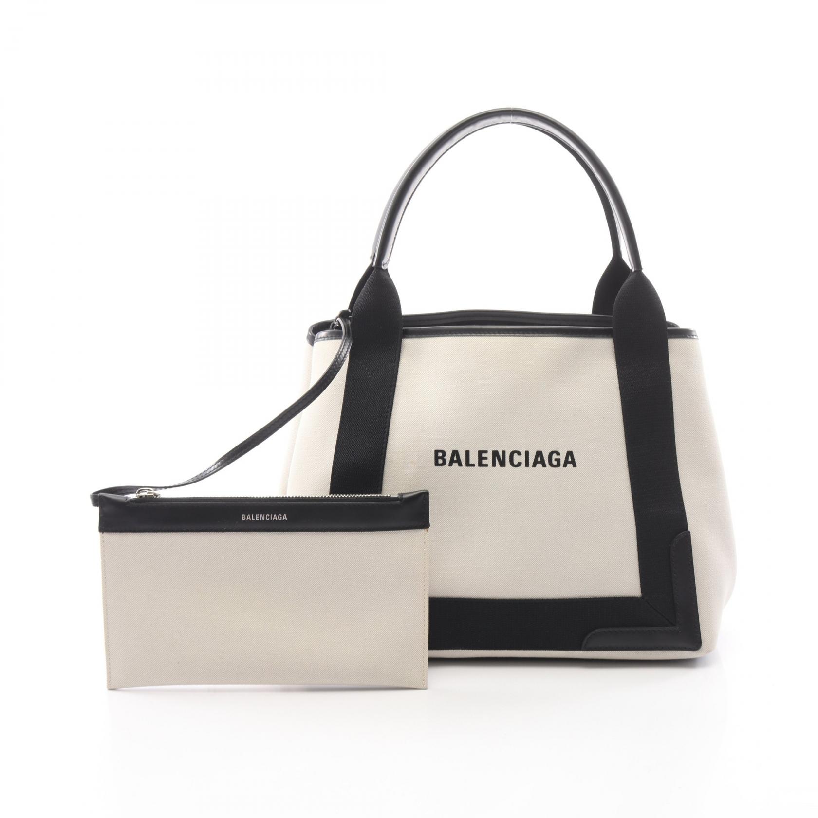 バレンシアガ BALENCIAGA NAVY CABAS S ネイビーカバ トートバッグ バッグ キャンバス レザー レディース アイボリー系 / ブラック系 3399332 【中古】｜BRANDOFF TOKYO