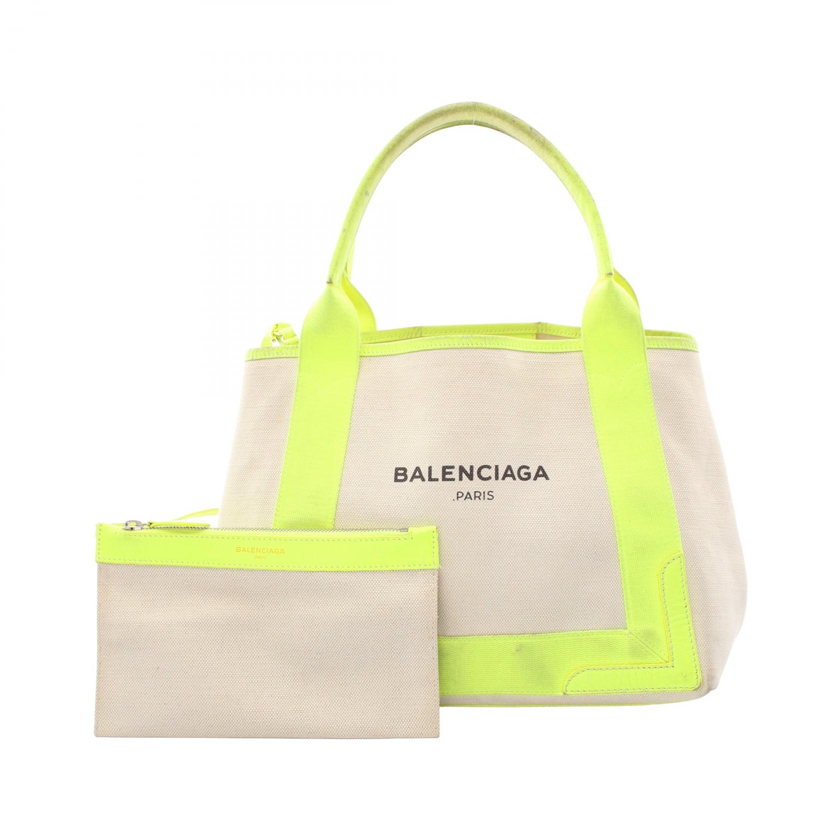 ≪5%OFFクーポン＆まとめ買い10% ～7/26 9:59〆≫バレンシアガ BALENCIAGA NAVY CABAS S ネイビーカバ トートバッグ バッグ キャンバス レザー レディース ホワイト系 / イエロー系 339933 【中古】｜BRANDOFF TOKYO