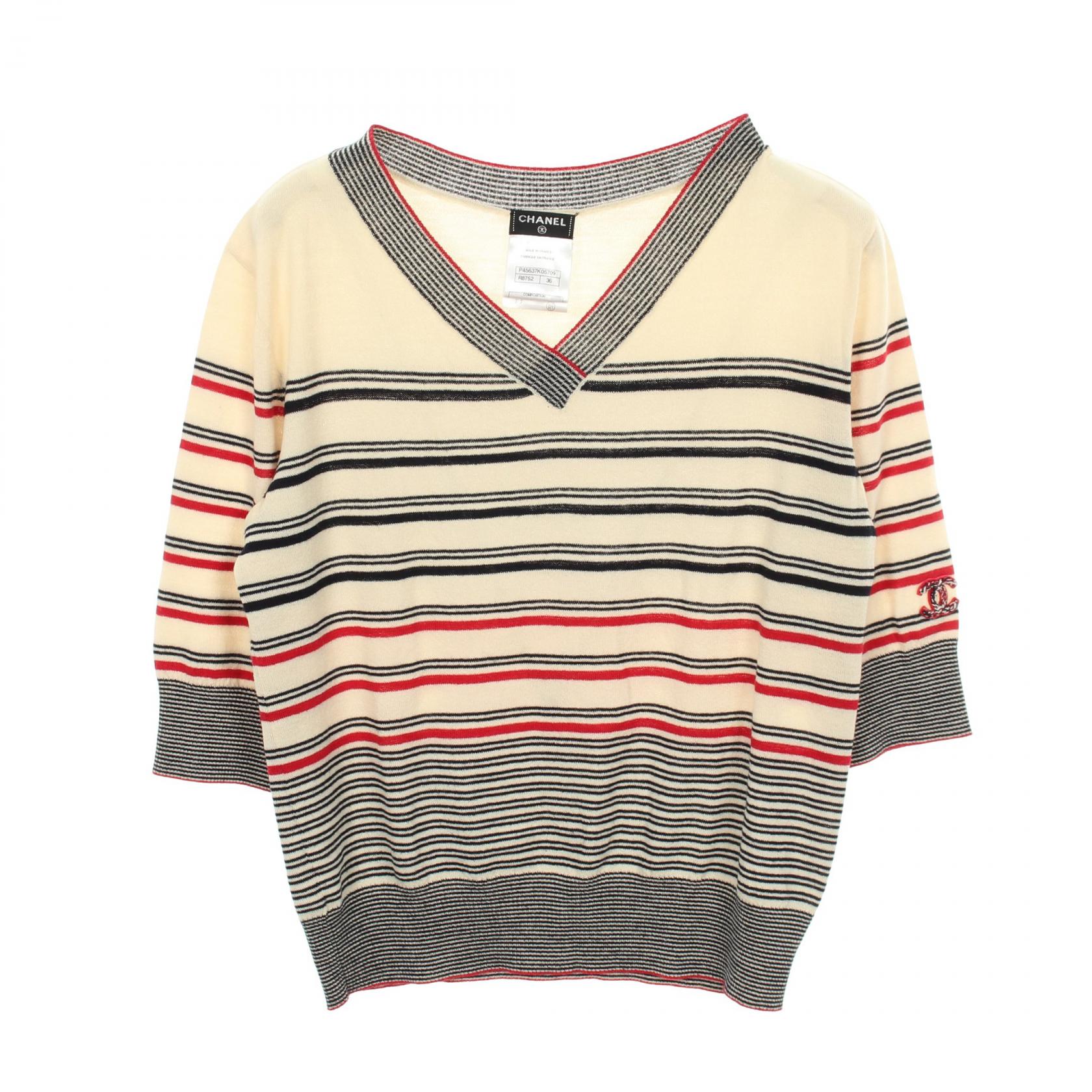 ≪5%OFFクーポン＆まとめ買い10% ～7/26 9:59〆≫シャネル CHANEL ココマーク ストライプ Vネック ニット 衣料品 トップス ウール コットン レディース アイボリー系 / ブラック系 / レッド系 P45637 K05709 【中古】｜BRANDOFF TOKYO