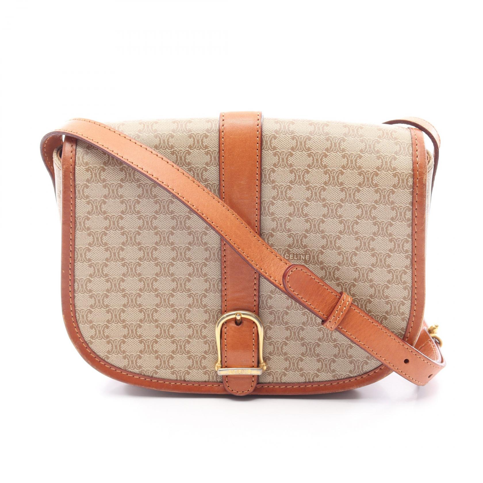 ≪5%OFFクーポン＆まとめ買い10% ～7/26 9:59〆≫セリーヌ CELINE トリオンフ ショルダーバッグ バッグ PVCコーティングキャンバス レザー レディース ベージュ系 / ブラウン系 【中古】｜BRANDOFF TOKYO
