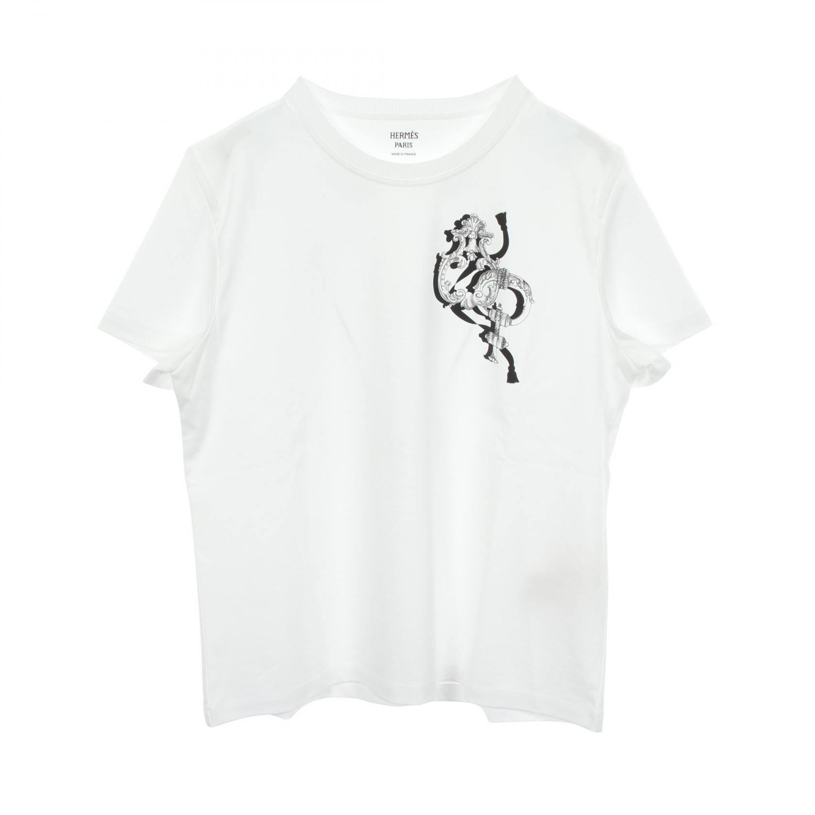 ≪5%OFFクーポン＆まとめ買い10% ～7/26 9:59〆≫エルメス HERMES 2026SS Printed straight t-shirt カルトゥッシュ 半袖Tシャツ 衣料品 トップス コットン レディース ホワイト系 6E4641DC 【中古】｜BRANDOFF TOKYO