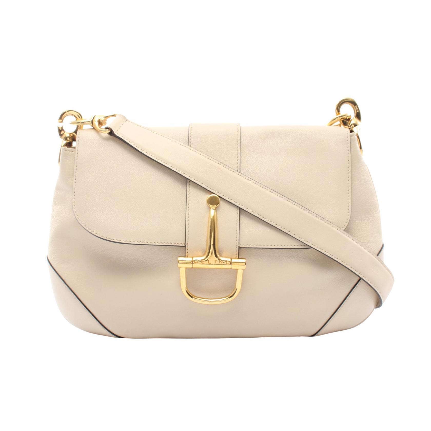 ≪5%OFFクーポン&まとめ買い10% ~7/26 9:59〆≫セリーヌ CELINE ロゴ ショルダーバッグ バッグ レザー レディース アイボリー系 【中古】|BRANDOFF TOKYO