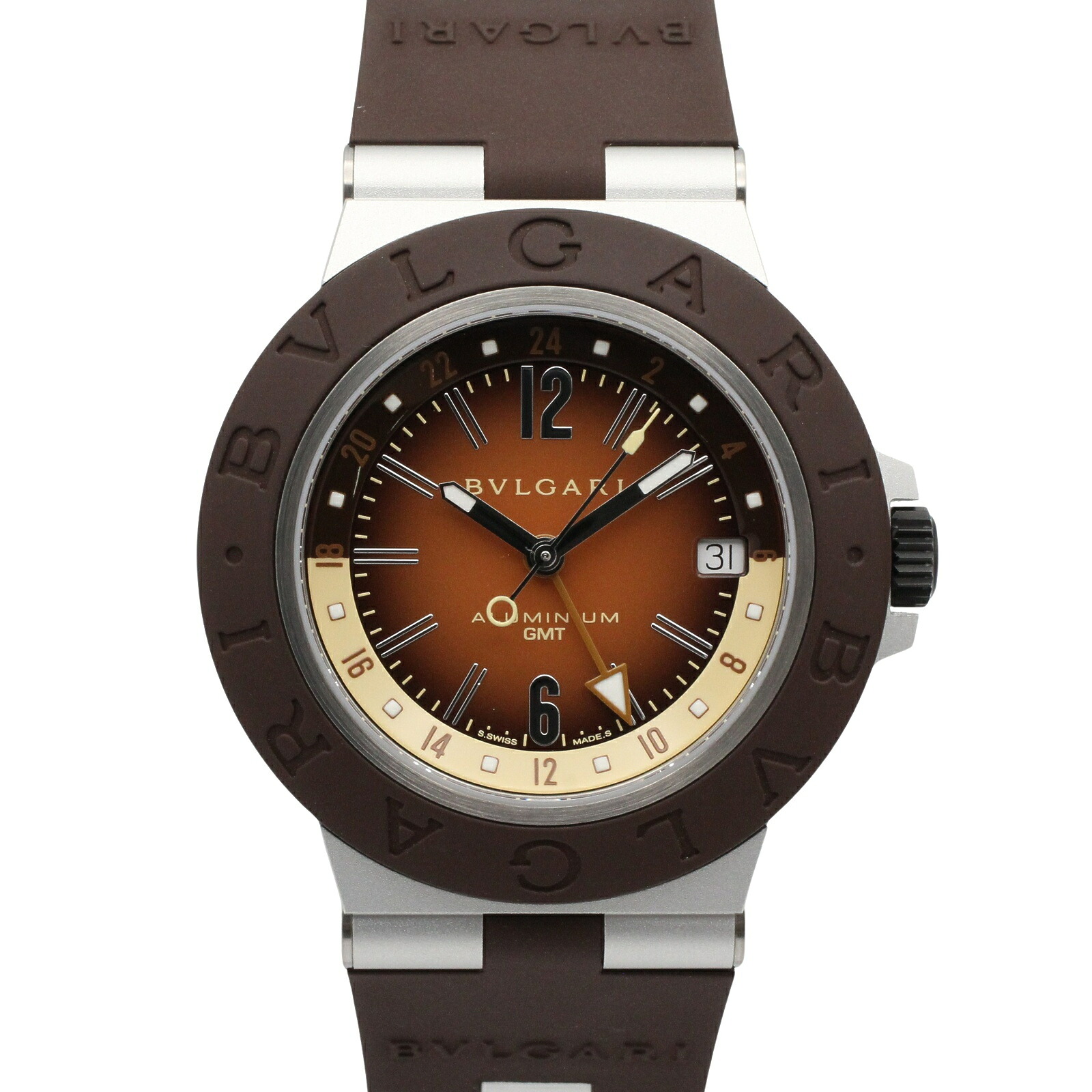 ≪5%OFFクーポン＆まとめ買い10% ～7/26 9:59〆≫ブルガリ BVLGARI アルミニウム GMT 腕時計 時計 ラバーベルト アルミニウム メンズ ブラウン系 BB40ATGMT 【中古】｜BRANDOFF TOKYO