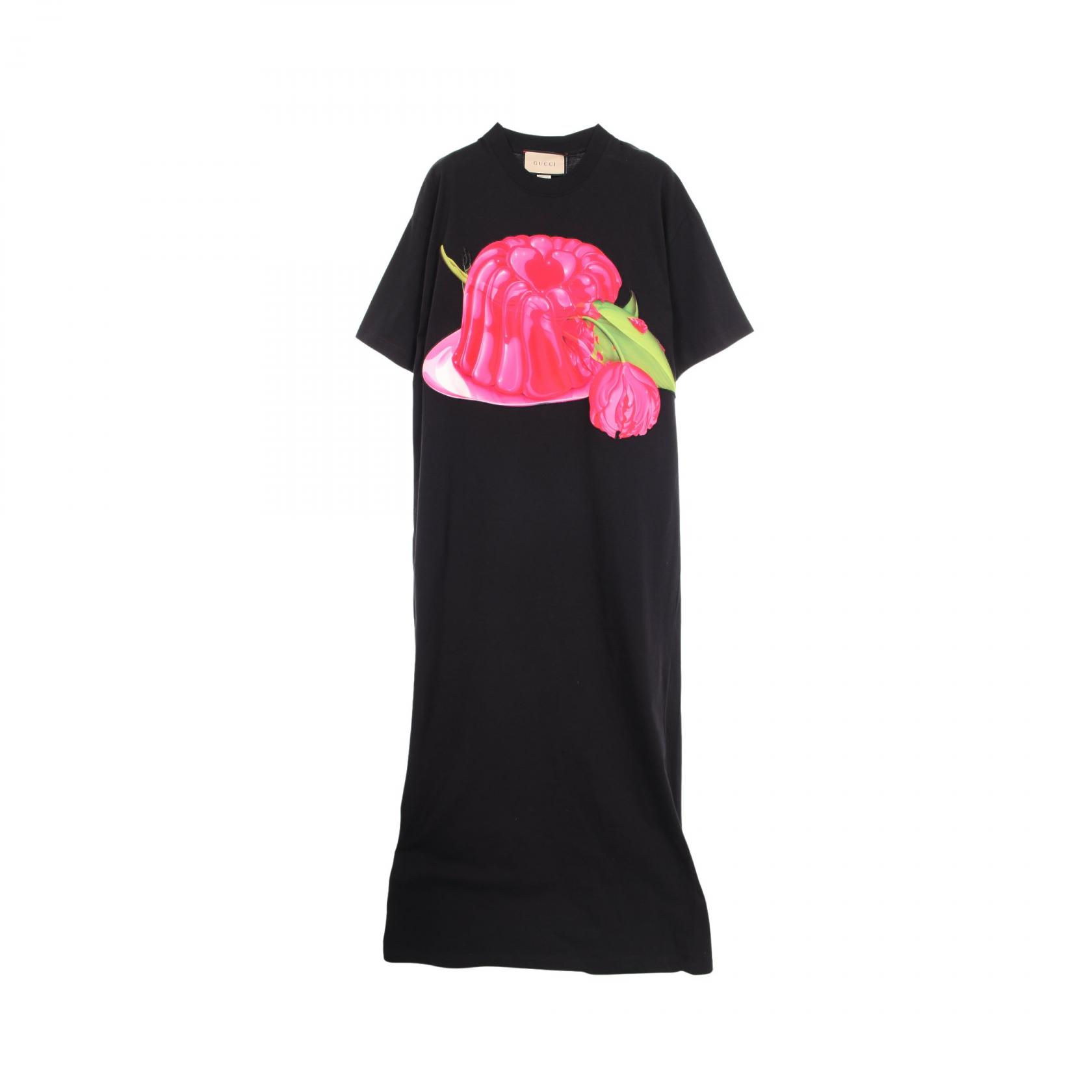 ≪5%OFFクーポン＆まとめ買い10% ～7/26 9:59〆≫グッチ GUCCI コットンジャージー ローズプリント バックロゴ ワンピース 衣料品 トップス コットン レディース ブラック系 / ピンク系 772303 XJGEF 【中古】｜BRANDOFF TOKYO