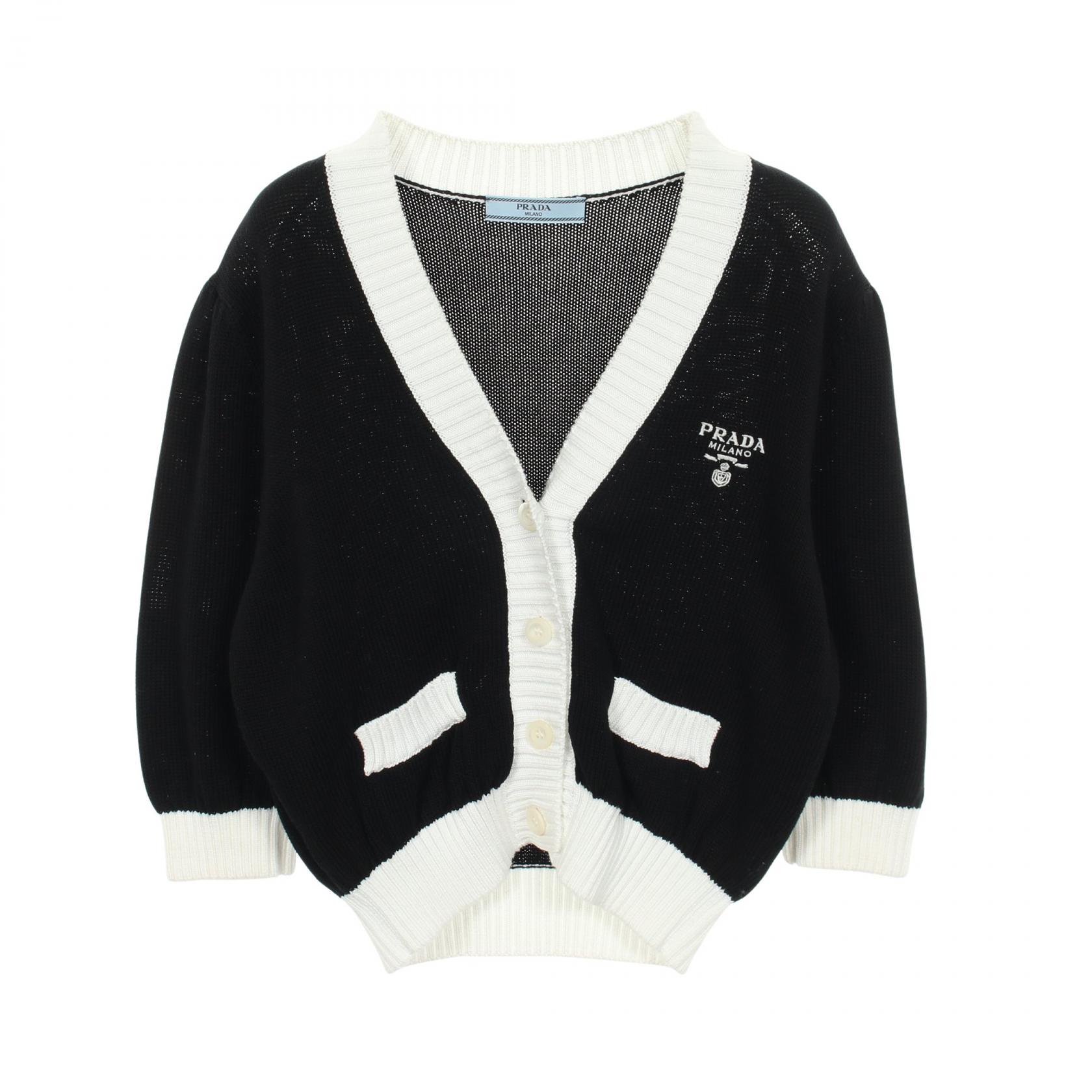 ≪5%OFFクーポン＆まとめ買い10% ～7/26 9:59〆≫プラダ PRADA ロゴ刺繍 カーディガン 衣料品 トップス コットン レディース ブラック系 / ホワイト系 P25I04 【中古】｜BRANDOFF TOKYO
