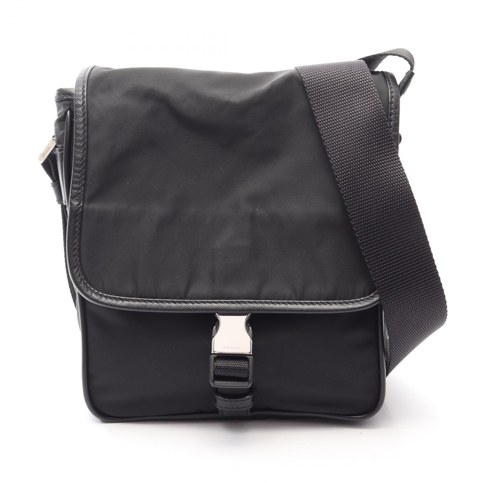≪5%OFFクーポン＆まとめ買い10% ～7/26 9:59〆≫プラダ PRADA VIAGGIO ショルダーバッグ バッグ ナイロン サフィアーノレザー メンズ レディース ブラック系 V167 【中古】｜BRANDOFF TOKYO