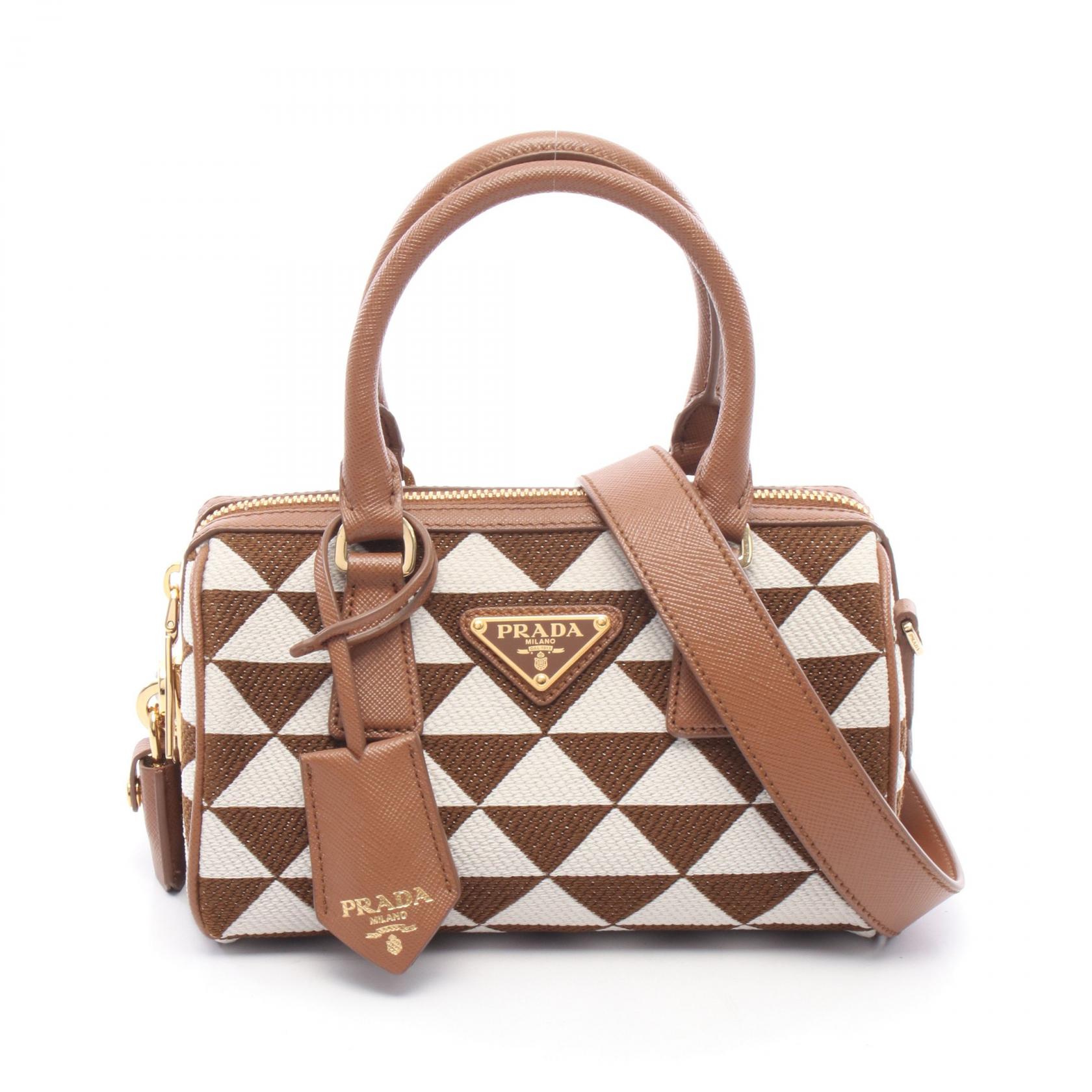 ≪5%OFFクーポン＆まとめ買い10% ～7/26 9:59〆≫プラダ PRADA TRIANGOLO JACQU 2WAY ハンドバッグ バッグ キャンバス レザー レディース ブラウン系 / ホワイト系 1BB846 【中古】｜BRANDOFF TOKYO