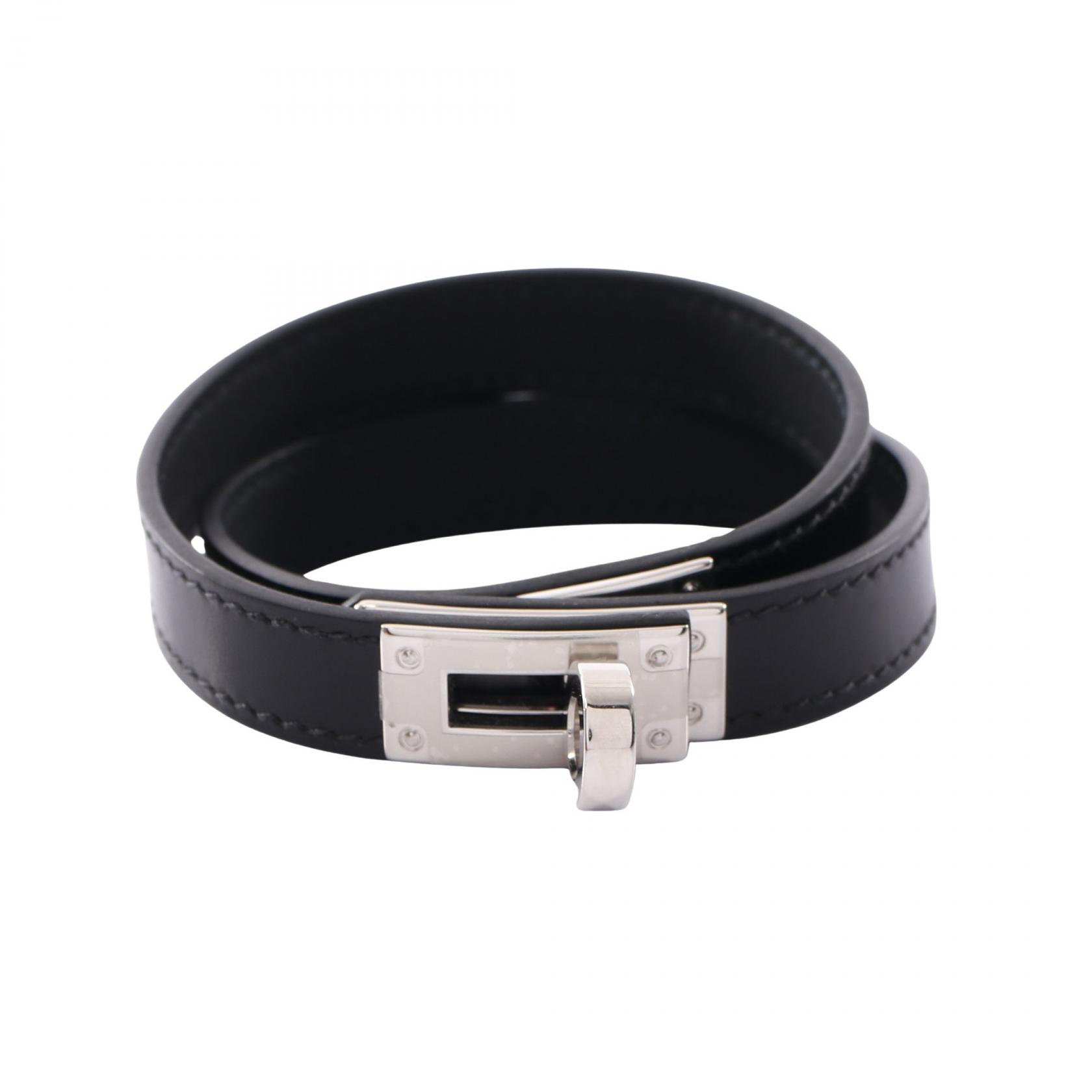 ≪5%OFFクーポン＆まとめ買い10% ～7/26 9:59〆≫エルメス HERMES ケリーブレスレット ドゥブルトゥール ブレスレット アクセサリー カーフ（牛革） ステンレススチール ボックスカーフ レディース ブラック系 / シルバー系 【中古】｜BRANDOFF TOKYO 57,000円