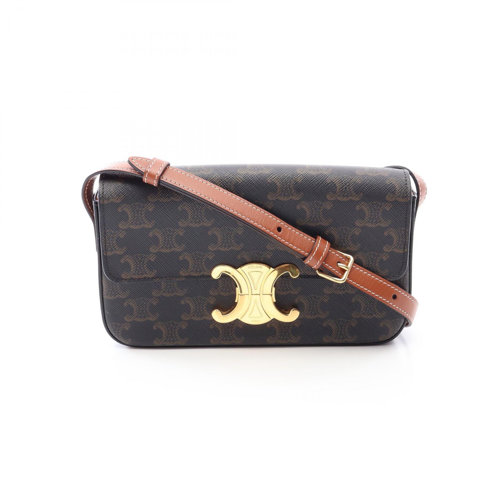 ≪5%OFFクーポン＆まとめ買い10% ～7/26 9:59〆≫セリーヌ CELINE クロード トリオンフ ショルダーバッグ バッグ PVCコーティングキャンバス レザー レディース ブラウン系 【中古】｜BRANDOFF TOKYO