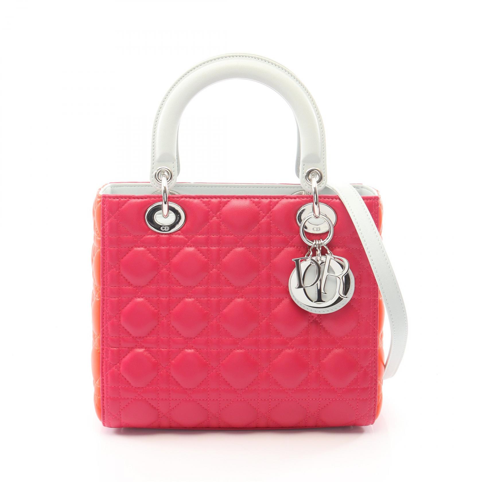 ≪5%OFFクーポン＆まとめ買い10% ～7/26 9:59〆≫ディオール Dior LADY DIOR レディディオール カナージュ 2WAY ハンドバッグ バッグ レザー レディース ピンク系 / オレンジ系 / ブルー系 【中古】｜BRANDOFF TOKYO
