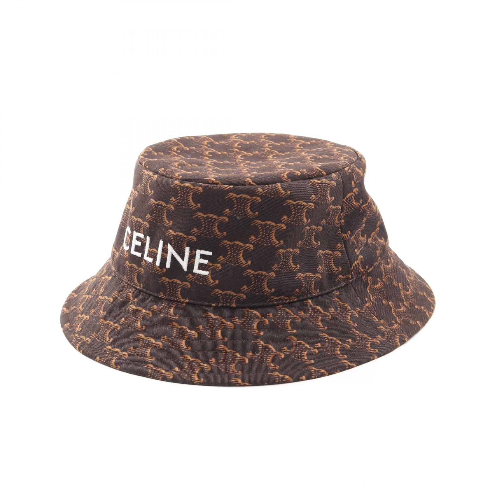 ≪5%OFFクーポン＆まとめ買い10% ～7/26 9:59〆≫セリーヌ CELINE ロゴ刺繍 トリオンフ バケット ハット 帽子 コットン レディース ブラウン系 【中古】｜BRANDOFF TOKYO