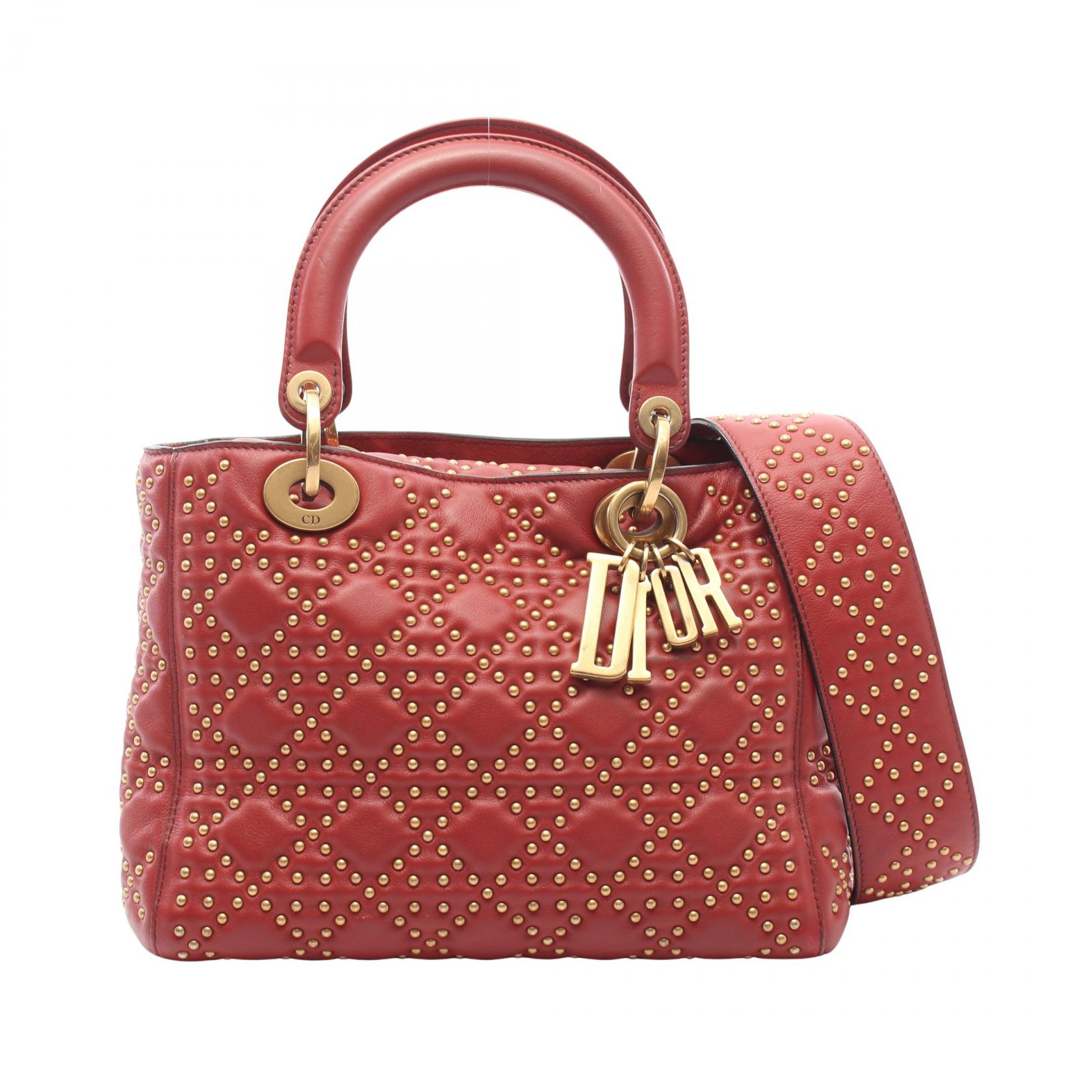 ≪5%OFFクーポン&まとめ買い10% ~7/26 9:59〆≫ディオール Dior LADY DIOR レディディオール スタッズ 2WAY ハンドバッグ バッグ レザー レディース ボルドー系 【中古】|BRANDOFF TOKYO