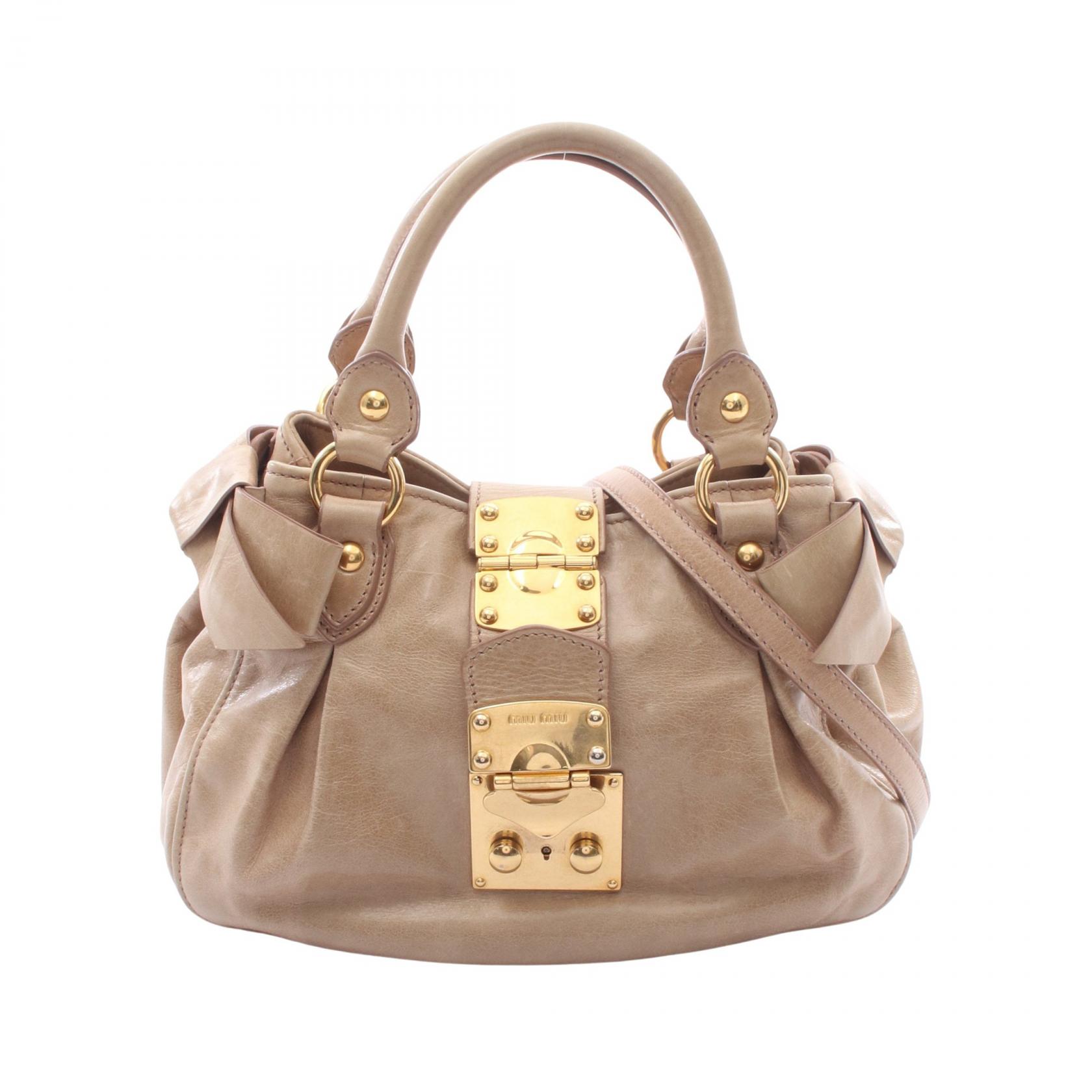 ≪5%OFFクーポン＆まとめ買い10% ～7/26 9:59〆≫ミュウ ミュウ Miu Miu サイドリボン 2WAY ハンドバッグ バッグ レザー レディース ベージュ系 【中古】｜BRANDOFF TOKYO