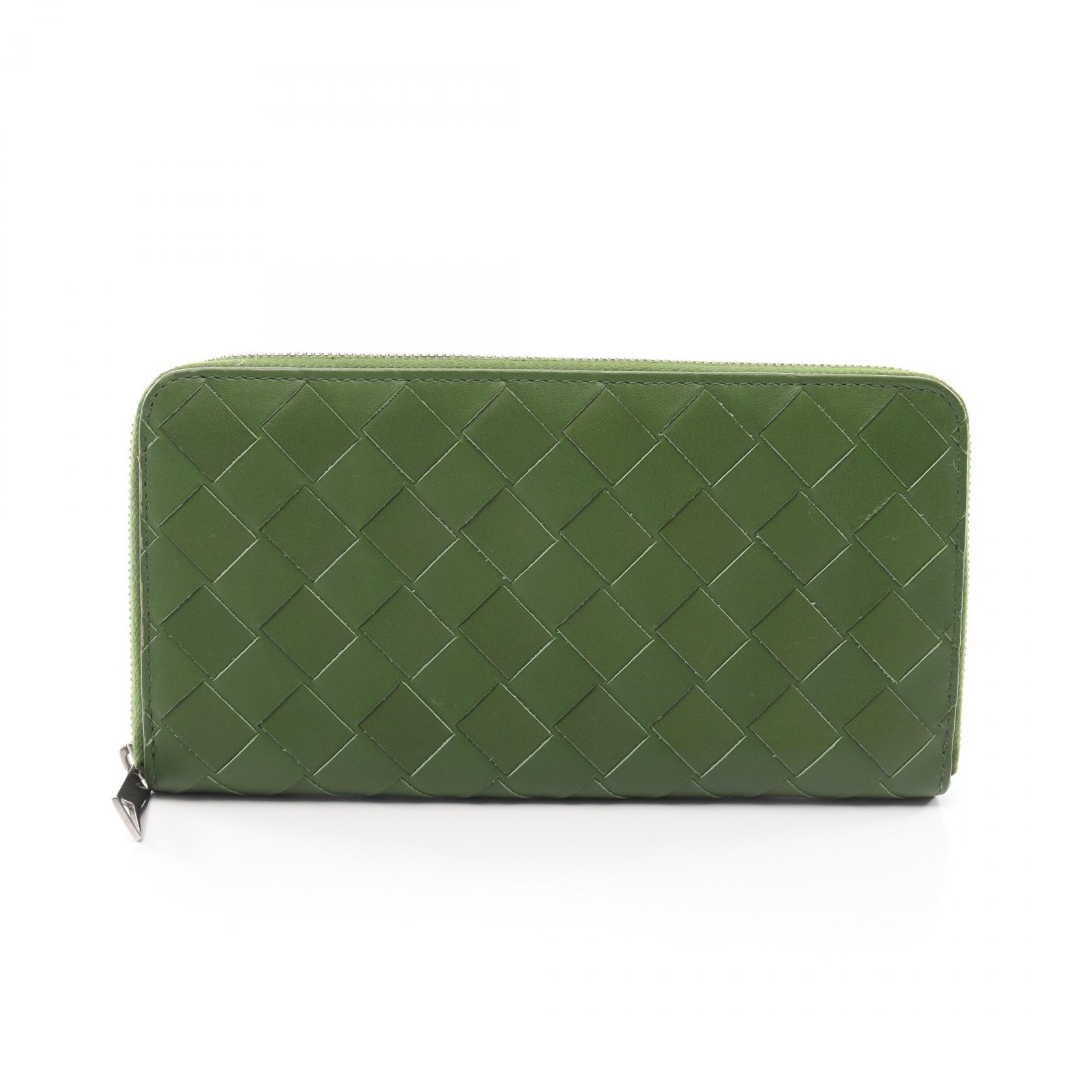 ≪5%OFFクーポン＆まとめ買い10% ～7/26 9:59〆≫ボッテガヴェネタ BOTTEGA VENETA イントレチャート ラウンド長財布 財布 レザー メンズ レディース グリーン系 【中古】｜BRANDOFF TOKYO