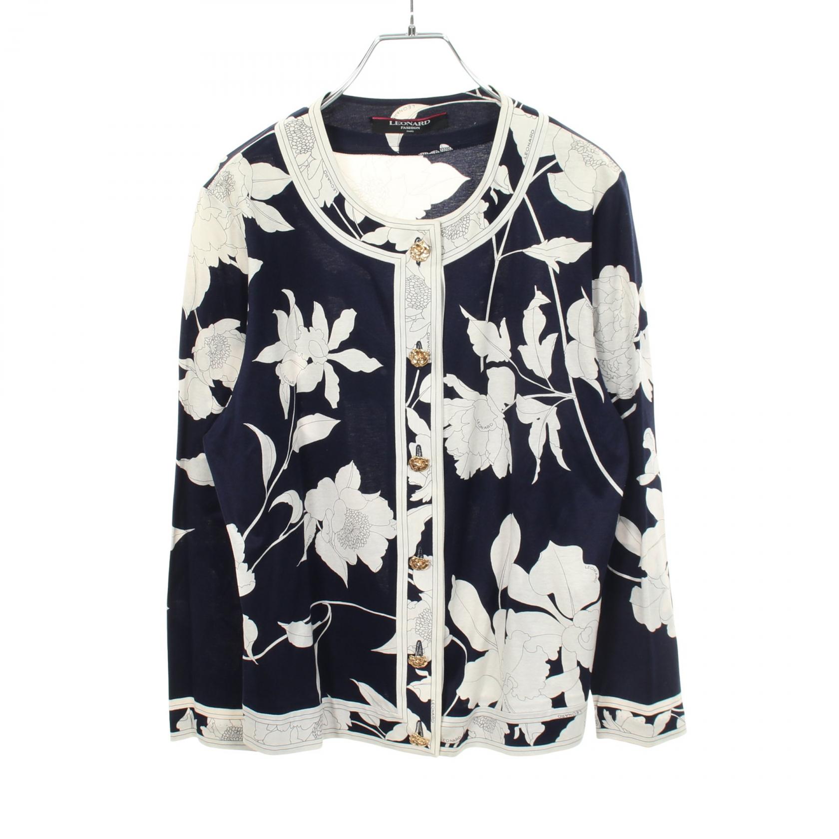 ≪5%OFFクーポン＆まとめ買い10% ～7/26 9:59〆≫レオナールファッション LEONARD FASHION 花柄 カーディガン 衣料品 トップス コットン レディース ネイビー系 / ホワイト系 【中古】｜BRANDOFF TOKYO