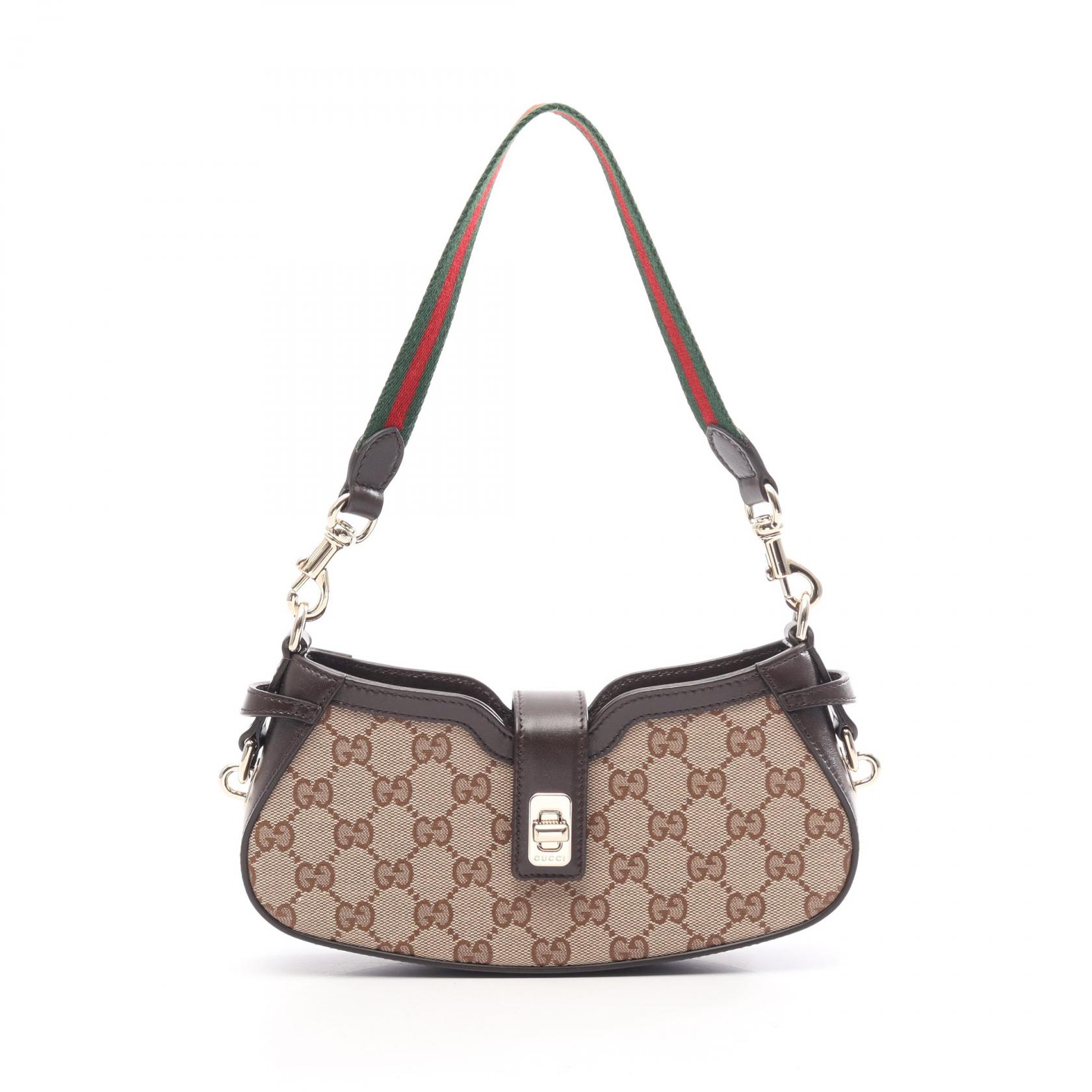 ≪5%OFFクーポン＆まとめ買い10% ～7/26 9:59〆≫グッチ GUCCI ムーンサイド シェリーライン GGキャンバス ハンドバッグ バッグ キャンバス レザー レディース ベージュ系 / ブラウン系 786015 【中古】｜BRANDOFF TOKYO