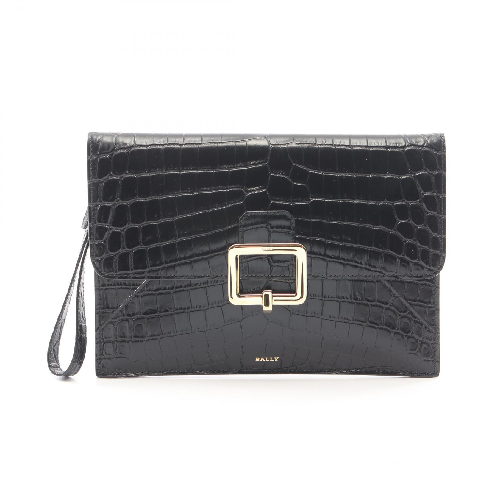 ≪5%OFFクーポン&まとめ買い10% ~7/26 9:59〆≫バリー BALLY ジャネッレ クロコ型押し セカンドバッグ クラッチバッグ バッグ レザー レディース ブラック系 【中古】|BRANDOFF TOKYO