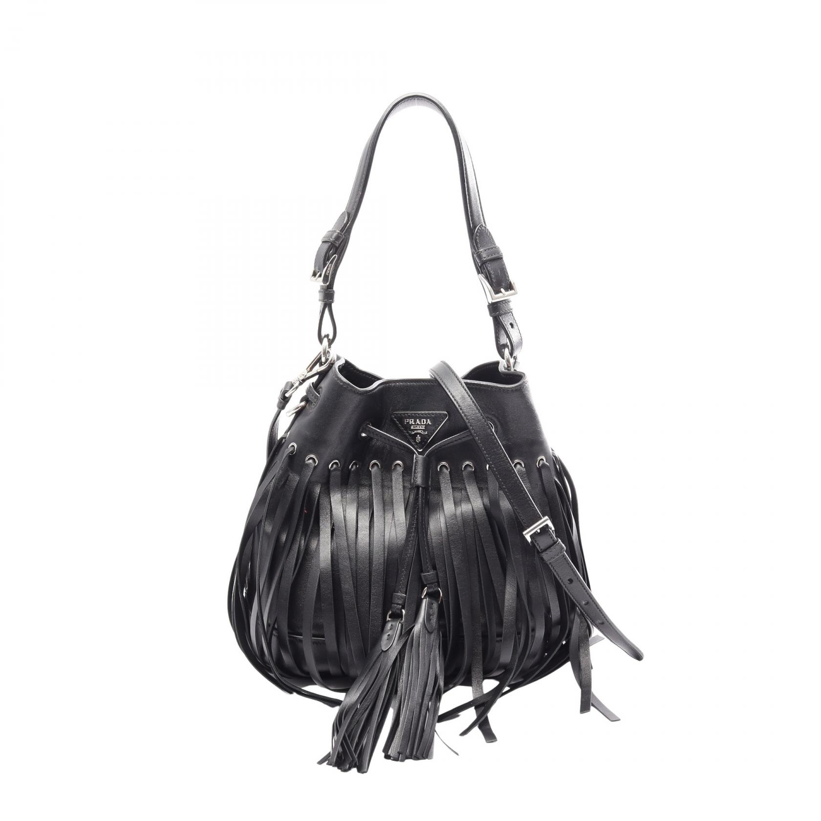 ≪5%OFFクーポン&まとめ買い10% ~7/26 9:59〆≫プラダ PRADA トライアングルロゴ フリンジ 2WAY ハンドバッグ バッグ レザー レディース ブラック系 【中古】|BRANDOFF TOKYO
