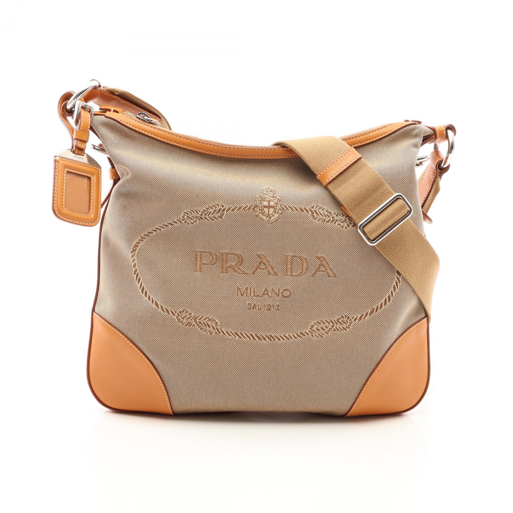 プラダ PRADA LOGO JACQUARD ロゴジャガード ショルダーバッグ バッグ キャンバス レザー レディース ベージュ系 【中古】｜BRANDOFF TOKYO