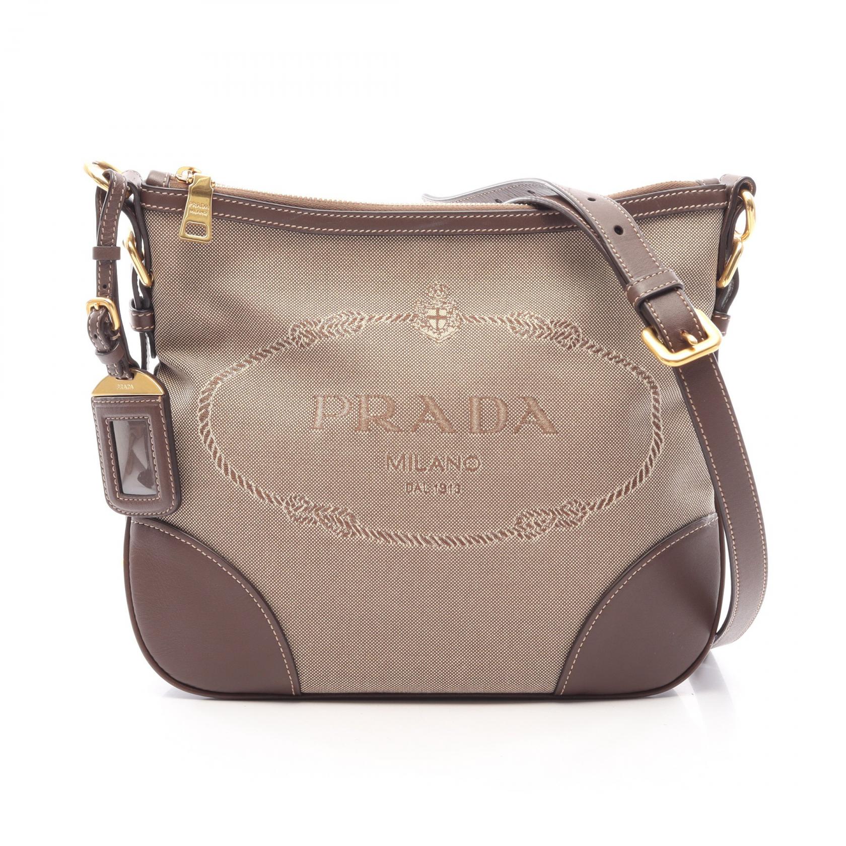 プラダ PRADA ロゴジャガード ショルダーバッグ バッグ キャンバス レザー レディース ベージュ系 / ブラウン系 【中古】｜BRANDOFF TOKYO 75,350円