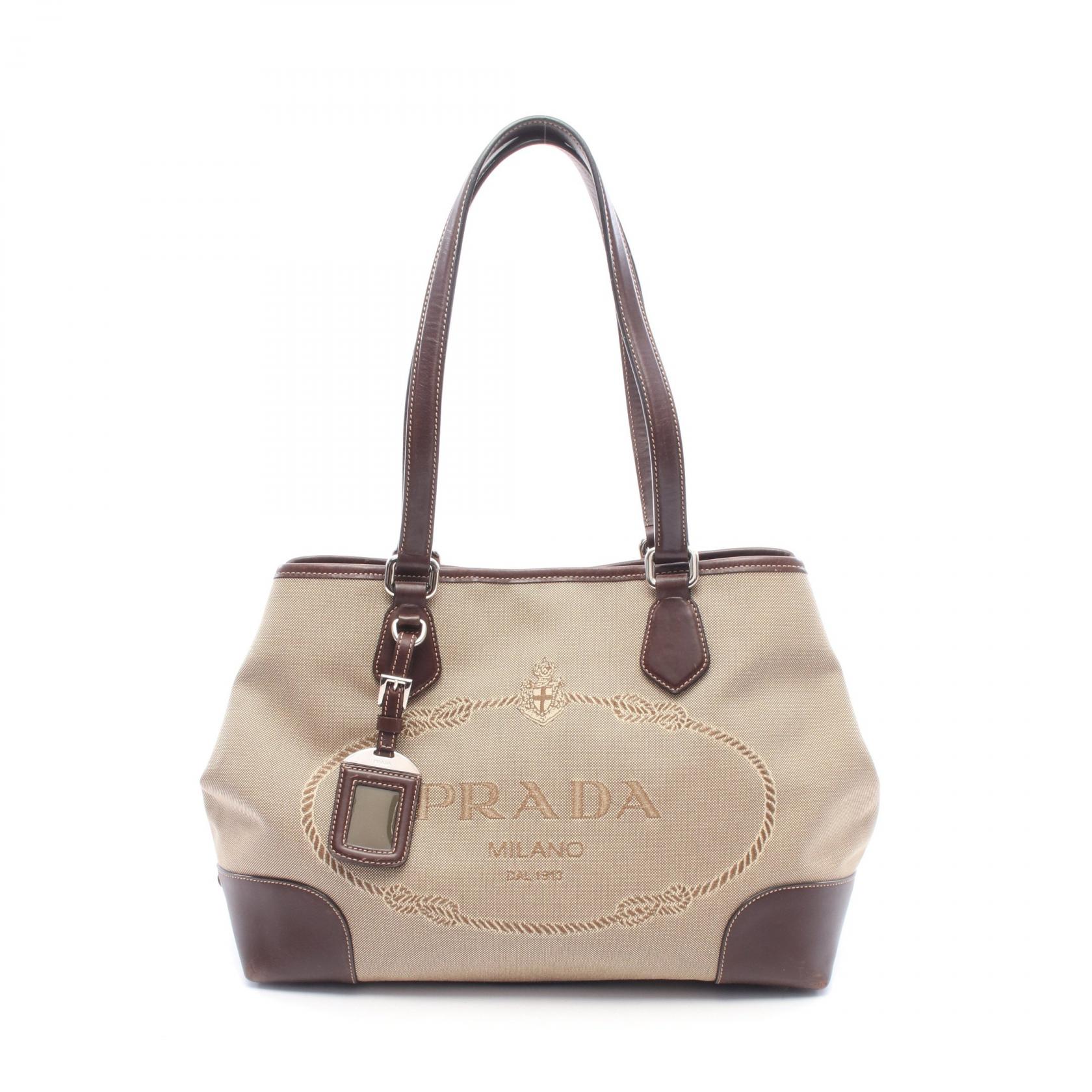 ≪5%OFFクーポン＆まとめ買い10% ～7/26 9:59〆≫プラダ PRADA ロゴジャガード トートバッグ バッグ キャンバス レザー レディース ベージュ系 / ブラウン系 BR3412 【中古】｜BRANDOFF TOKYO