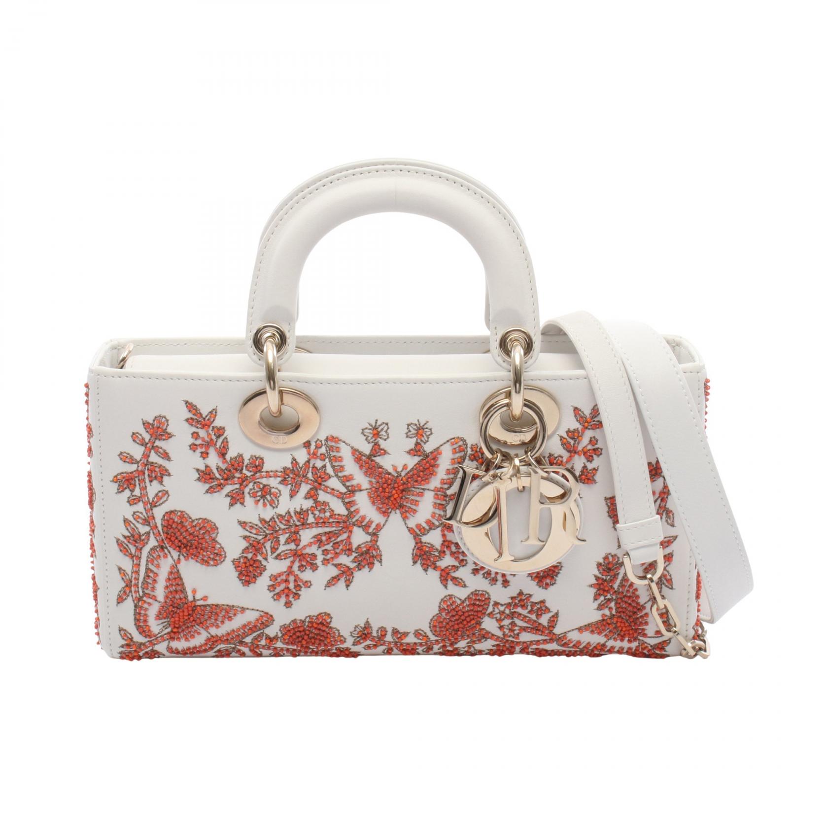 ≪5%OFFクーポン&まとめ買い10% ~7/26 9:59〆≫ディオール Dior LADY D-Joy ミディアム ビーズ刺? ハンドバッグ バッグ レザー レディース ホワイト系 / オレンジ系 【中古】|BRANDOFF TOKYO