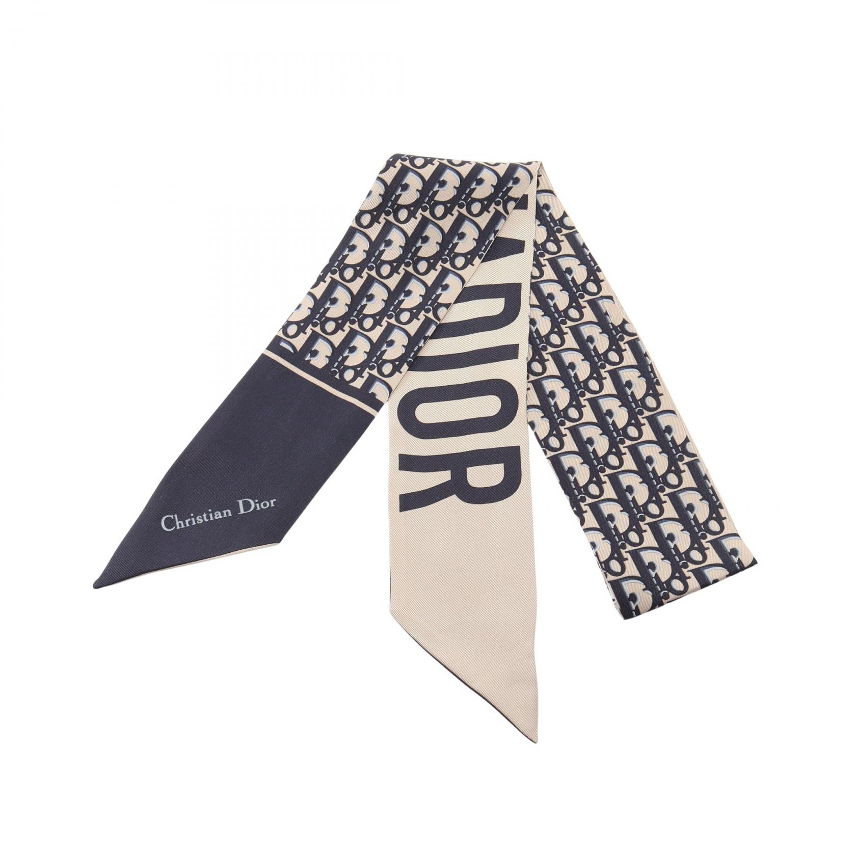≪5%OFFクーポン＆まとめ買い10% ～7/26 9:59〆≫ディオール Dior ミッツァ リボン オブリーク スカーフ 衣料品 シルク レディース ベージュ系 / ネイビー系 【中古】｜BRANDOFF TOKYO 18,936円
