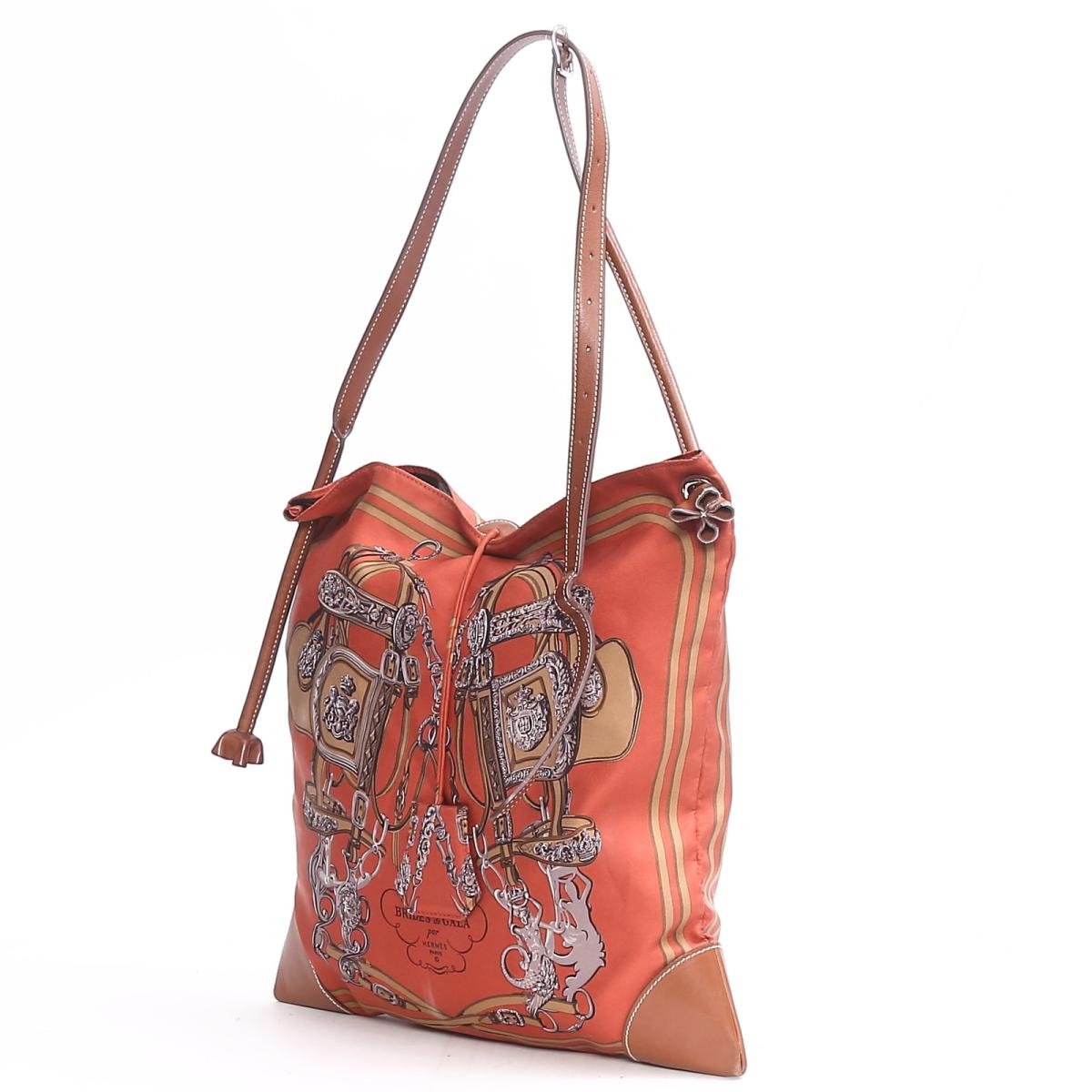 BRANDOFF: Auth HERMES Silky City PM shoulder bag Silk/leather Orange/Multicolor Used Vintage ...