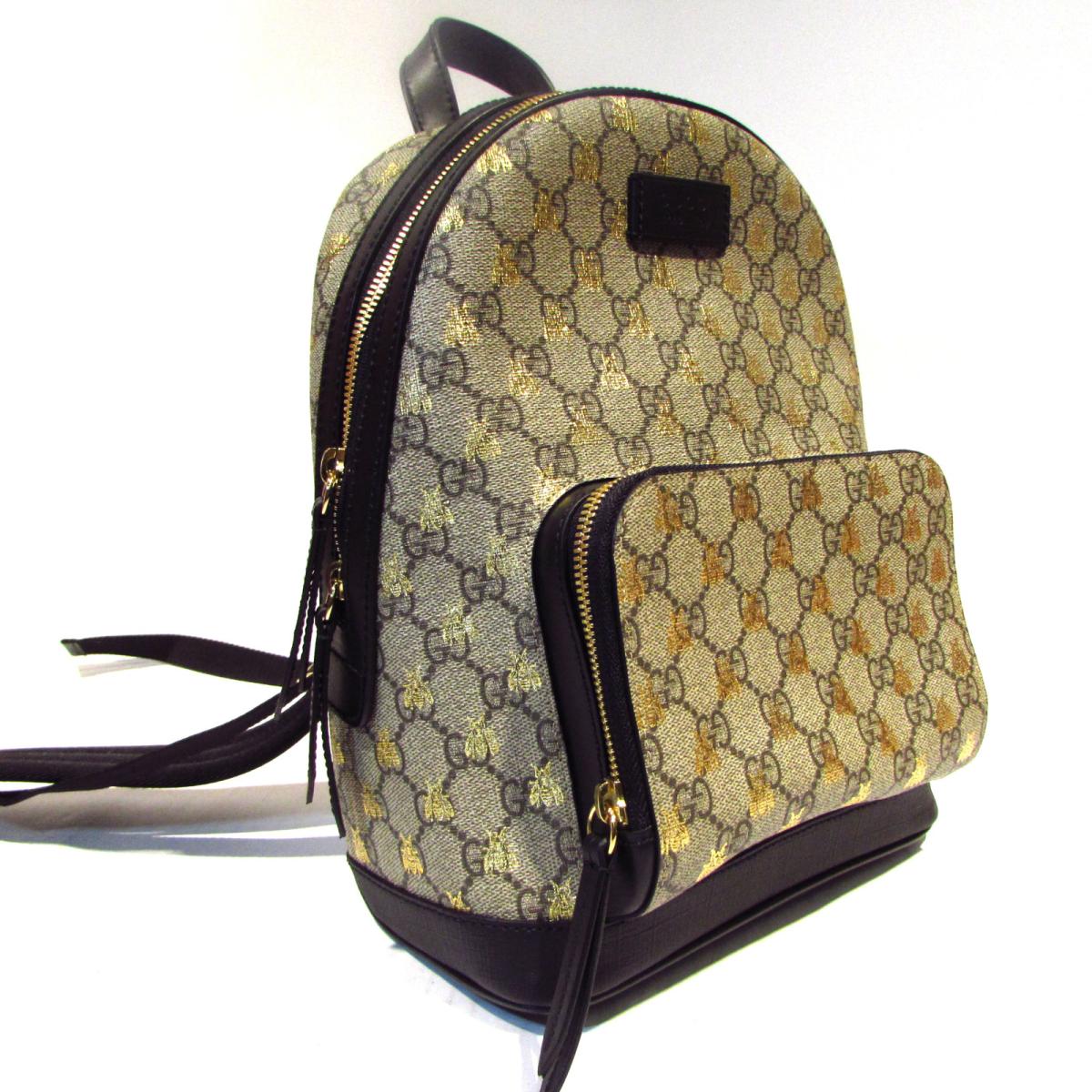 Auth GUCCI GG supreme Bee print Rucksack backpack bag 427042 canvas Beige/Gold Used