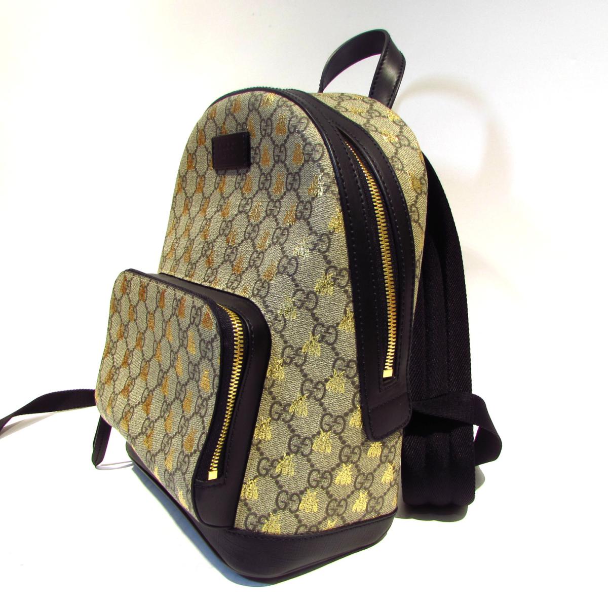 Auth GUCCI GG supreme Bee print Rucksack backpack bag 427042 canvas Beige/Gold Used