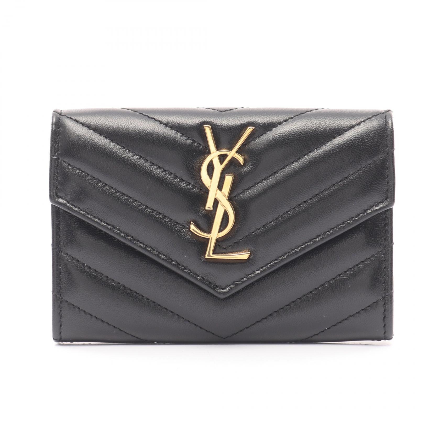 【美品】SAINT LAURENT 三つ折り財布　 ミニ レザー ネイビー YSL サンローラン 三つ折り財布 ネイビー レザー