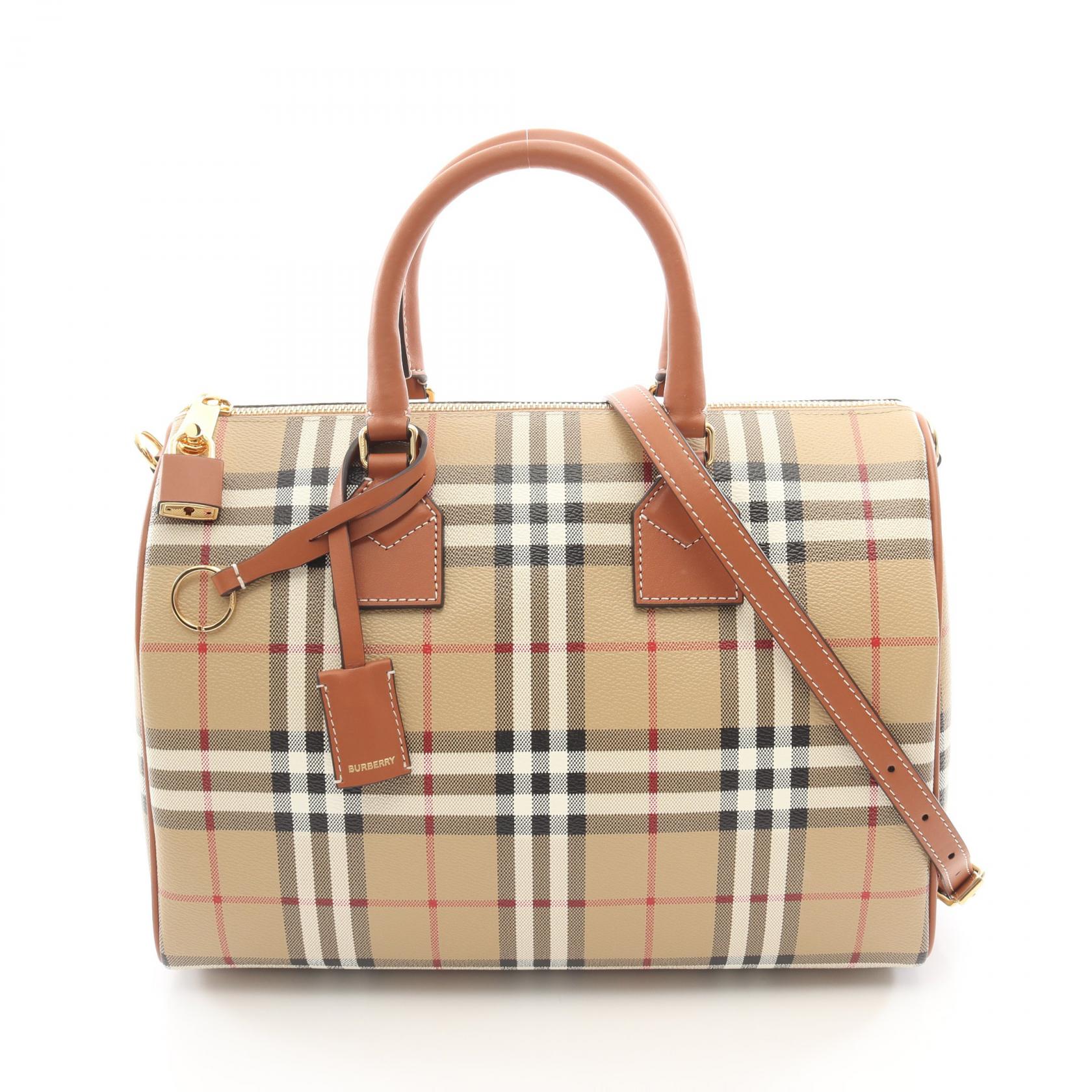 【4時間限定！ポイント10倍 】4/13 20時～23:59／バーバリー BURBERRY ヴィンテージチェック ハンドバッグ バッグ レザー PVCコーティングキャンバス レディース ベージュ系 / ブラウン系 8092085 【新品】