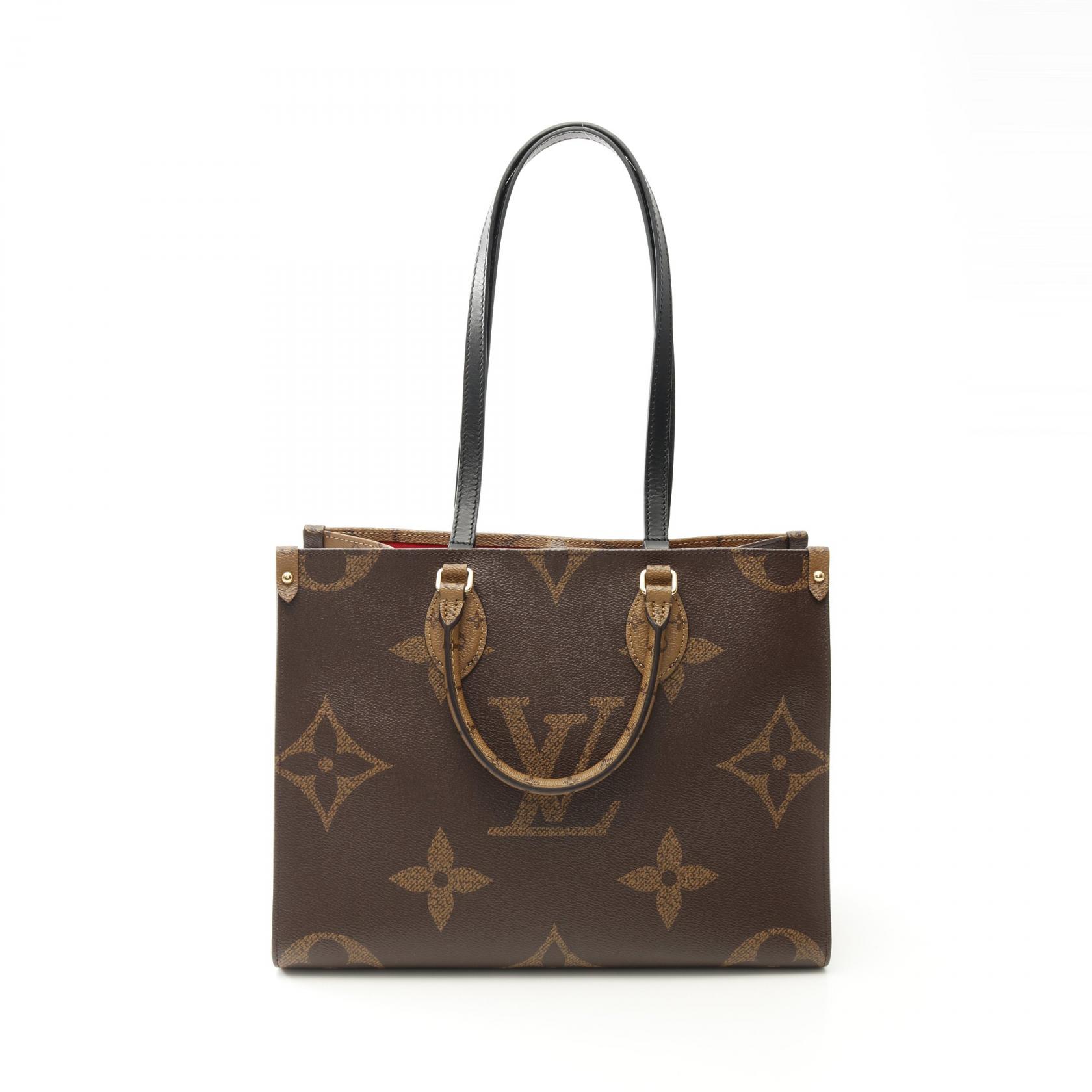 【P5倍×15%OFFクーポン】ルイ・ヴィトン LOUIS VUITTON オンザゴーMM モノグラムジャイアント リバース トートバッグ バッグ PVCコーティングキャンバス レザー レディース ブラウン系 / ベージュ系 M45321 【中古】
