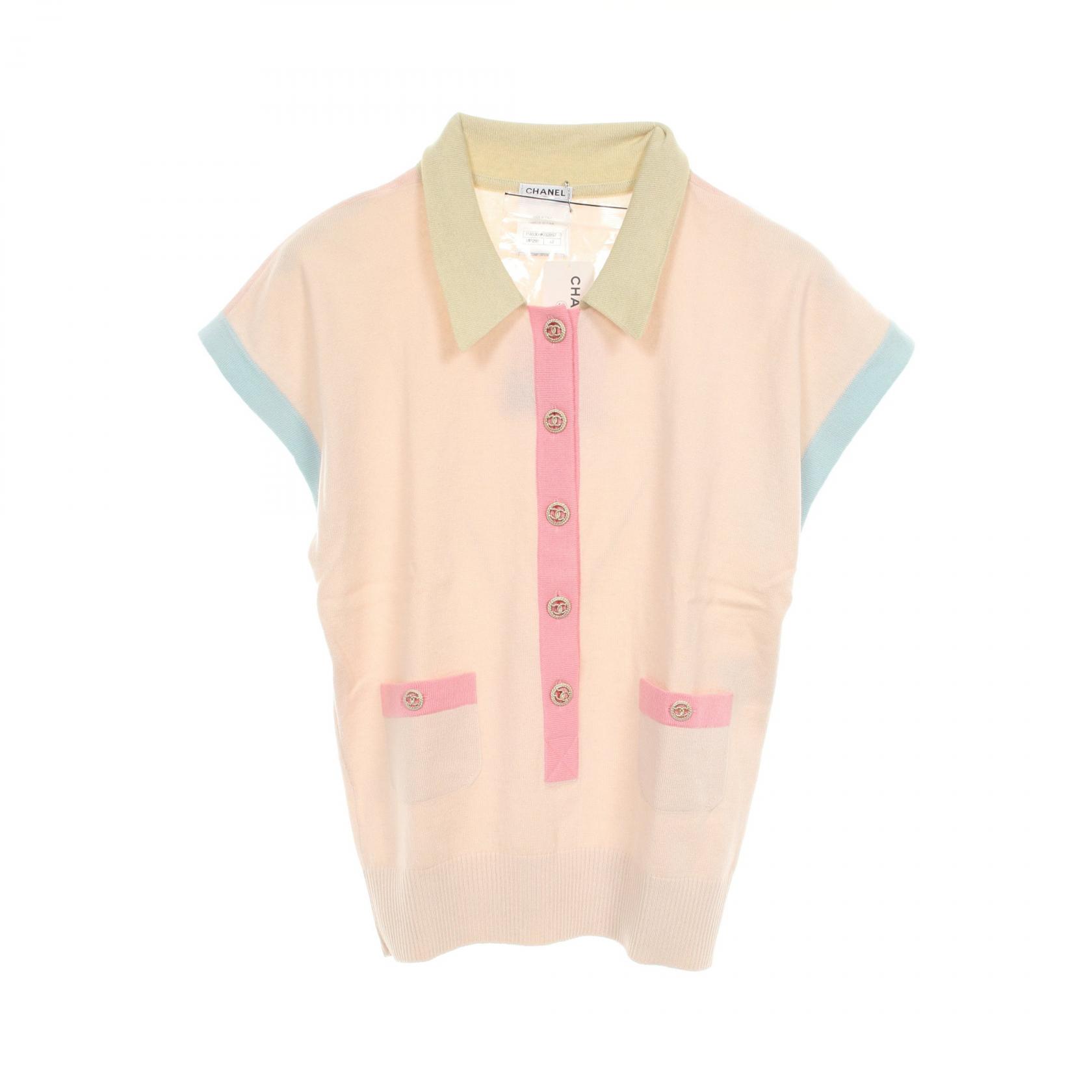 シャネル　 ピンク Vネックニット ストライプシャツ付き　38 快適ファッション - シャネル ピンク Vネックニット ストライプ