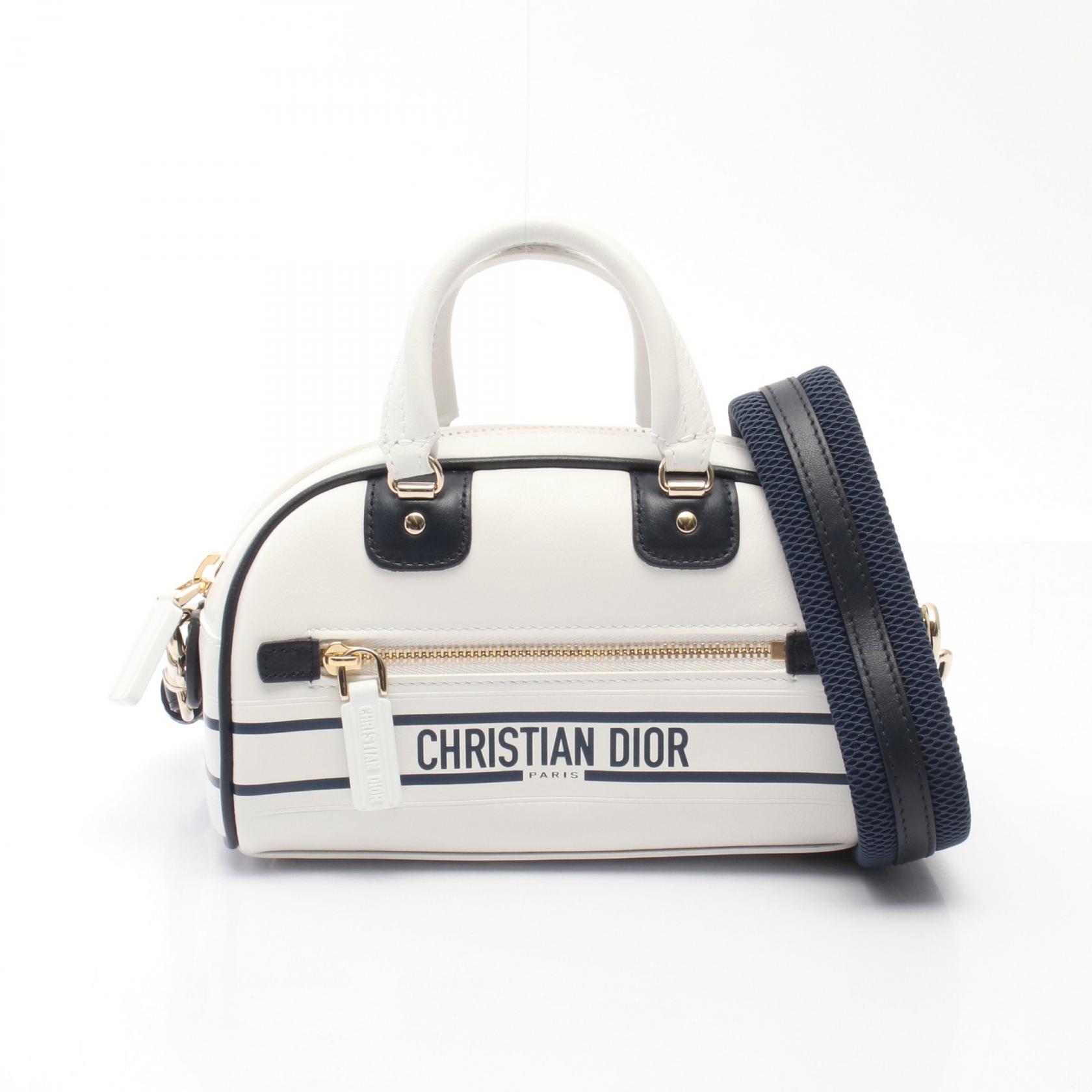 ディオール Dior VIBE ヴァイブ ミニ ボウリングバッグ ハンドバッグ バッグ レザー レディース ホワイト系 / ネイビー系 【中古】