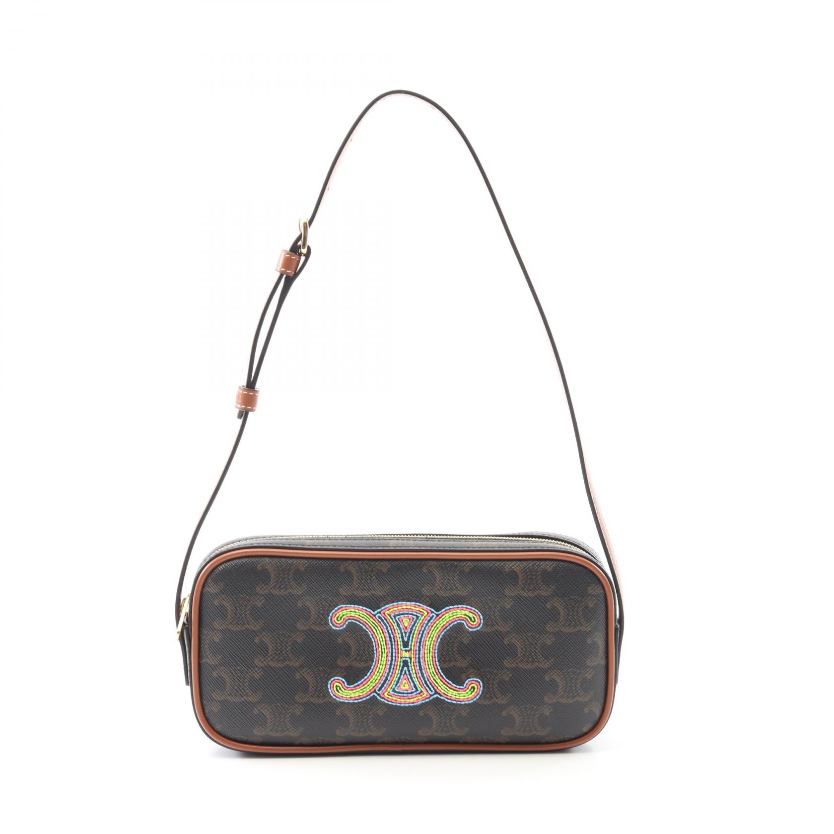 【P5倍×5%OFFクーポン】セリーヌ CELINE トリオンフ ショルダーバッグ バッグ PVCコーティングキャンバス レザー レディース ブラック系 / ブラウン系 【中古】