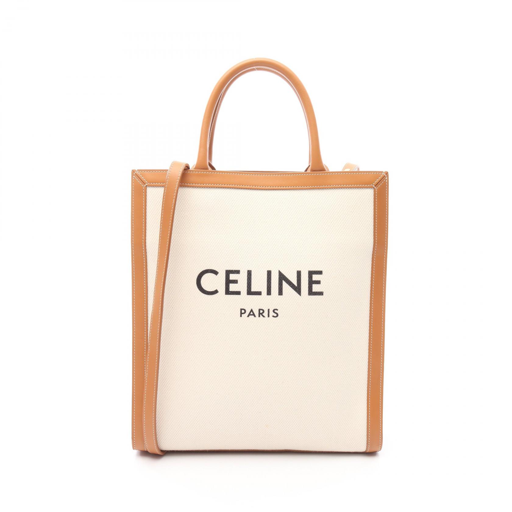 セリーヌ CELINE スモール バーティカル カバ トートバッグ バッグ キャンバス レザー レディース ホワイト系 / ブラウン系 192082BNZ 【中古】